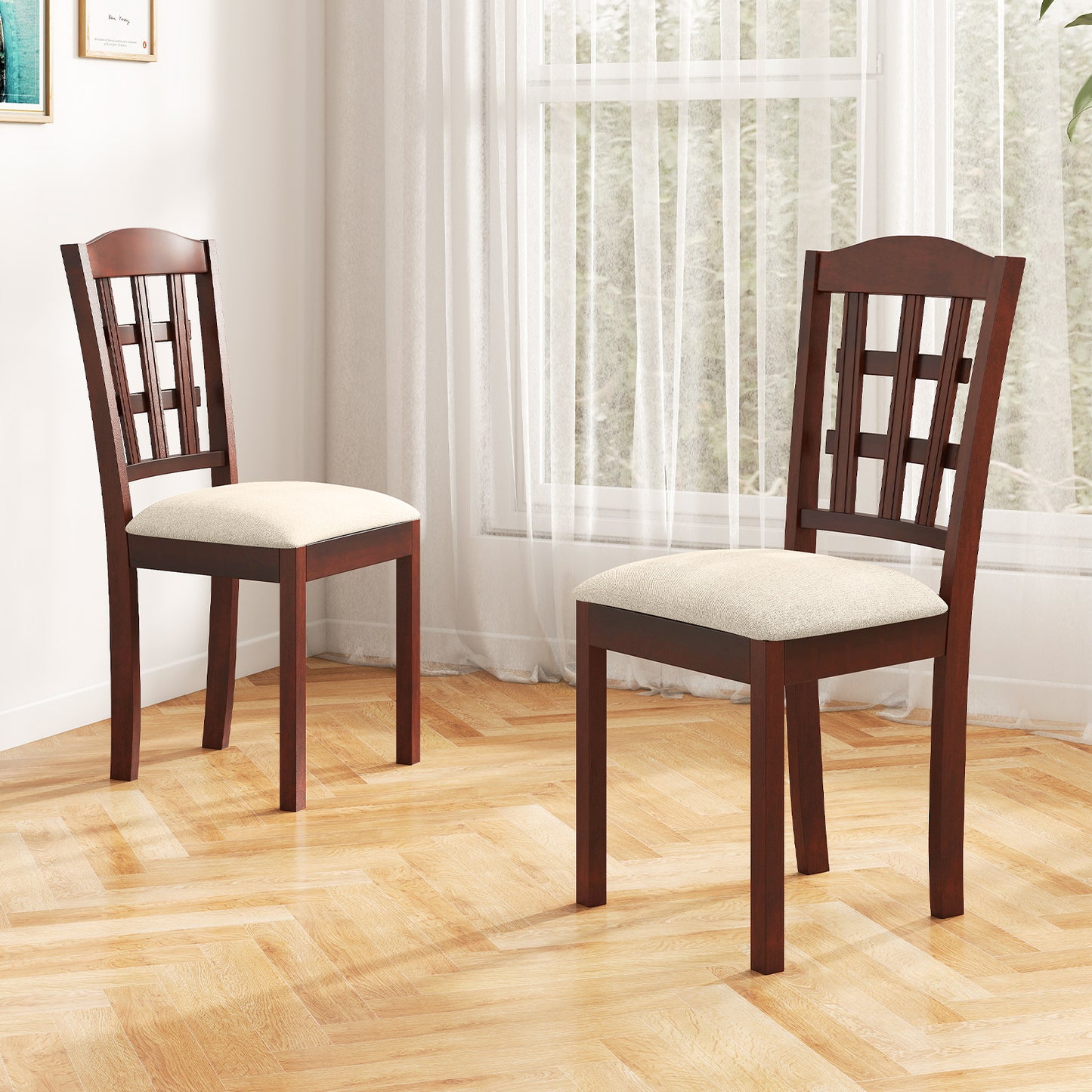 Ergonomic Rubber Wood Dining Chairs with Padded Linen Seat, Set of 2