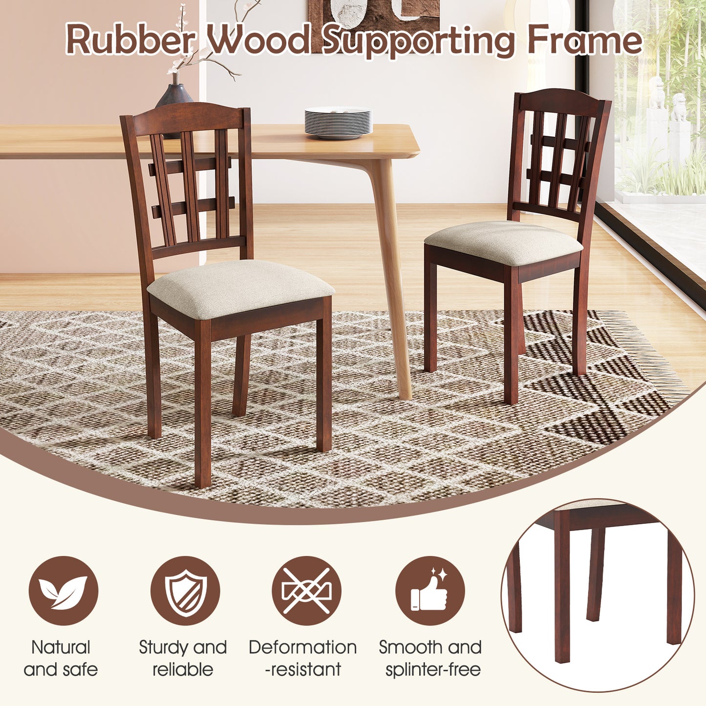 Ergonomic Rubber Wood Dining Chairs with Padded Linen Seat, Set of 2