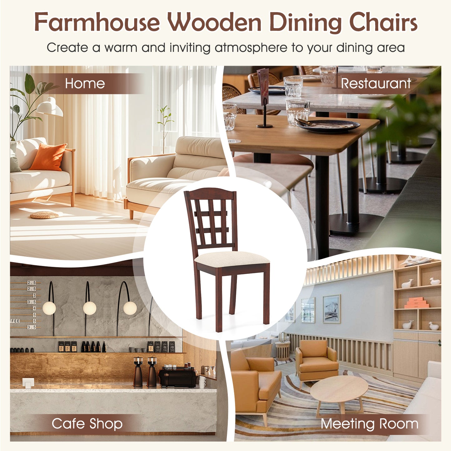 Ergonomic Rubber Wood Dining Chairs with Padded Linen Seat, Set of 2