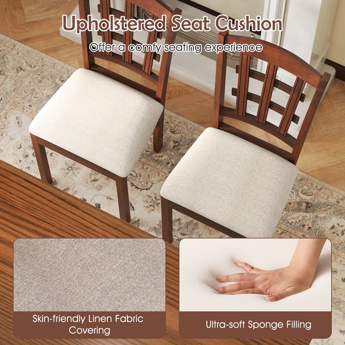 Ergonomic Rubber Wood Dining Chairs with Padded Linen Seat, Set of 2