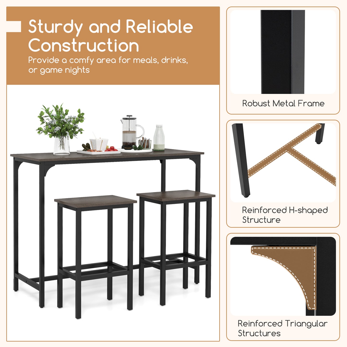 47.5 Inch Industrial Counter Height Dining Set with 2 Bar Stools Grey Finish