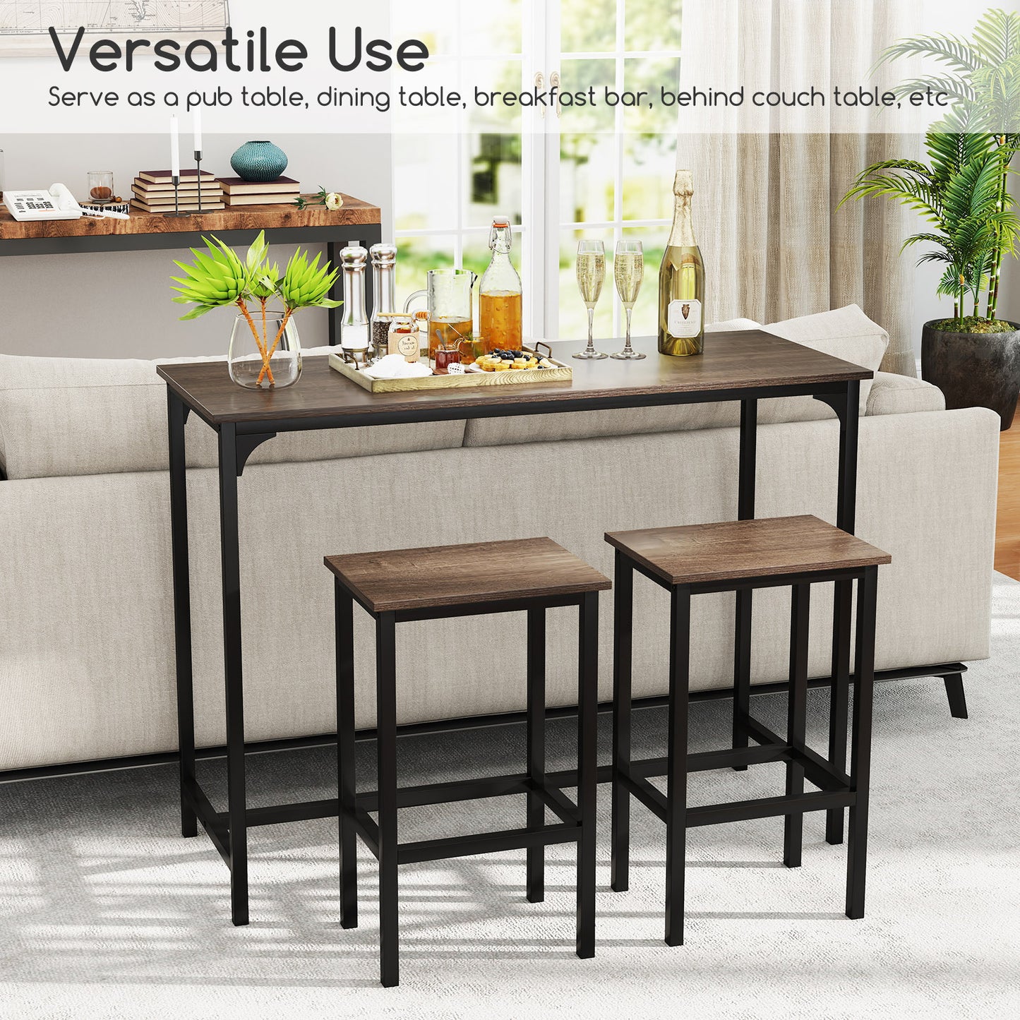 47.5 Inch Industrial Counter Height Dining Set with 2 Bar Stools Grey Finish