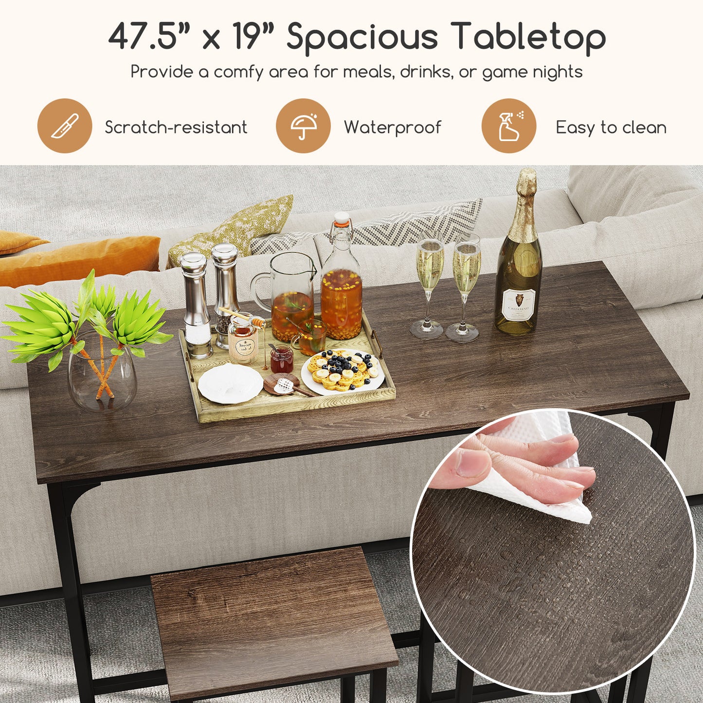 47.5 Inch Industrial Counter Height Dining Set with 2 Bar Stools Grey Finish