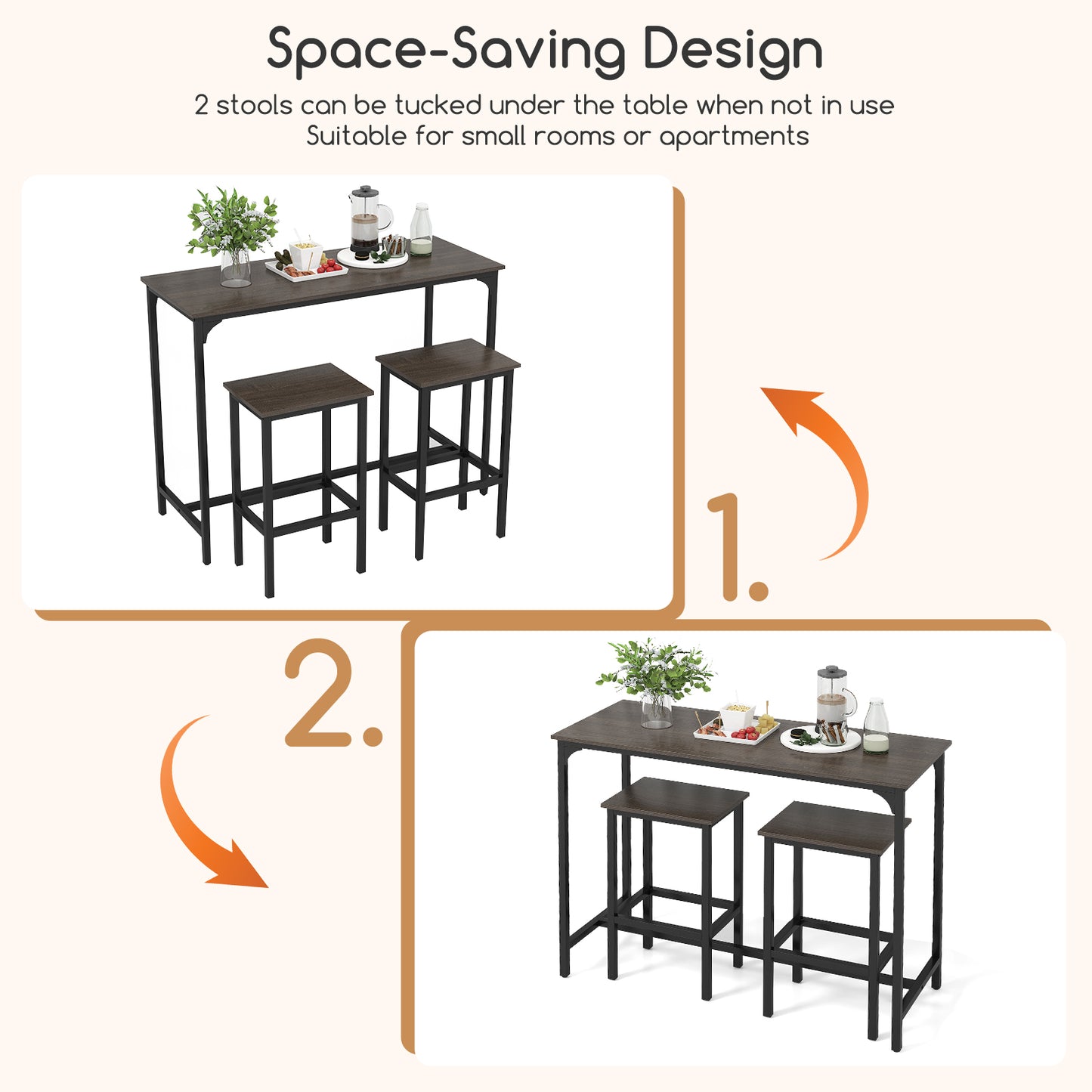 47.5 Inch Industrial Counter Height Dining Set with 2 Bar Stools Grey Finish