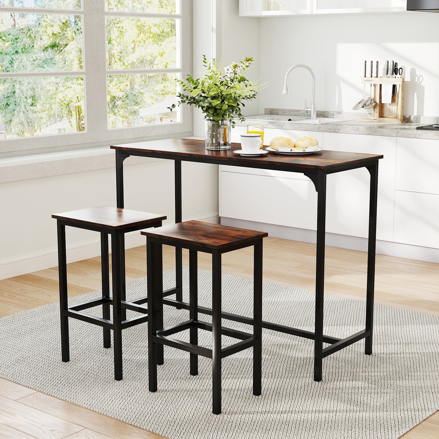 47.5 Inch Industrial Counter Height Dining Set with 2 Bar Stools Coffee Finish