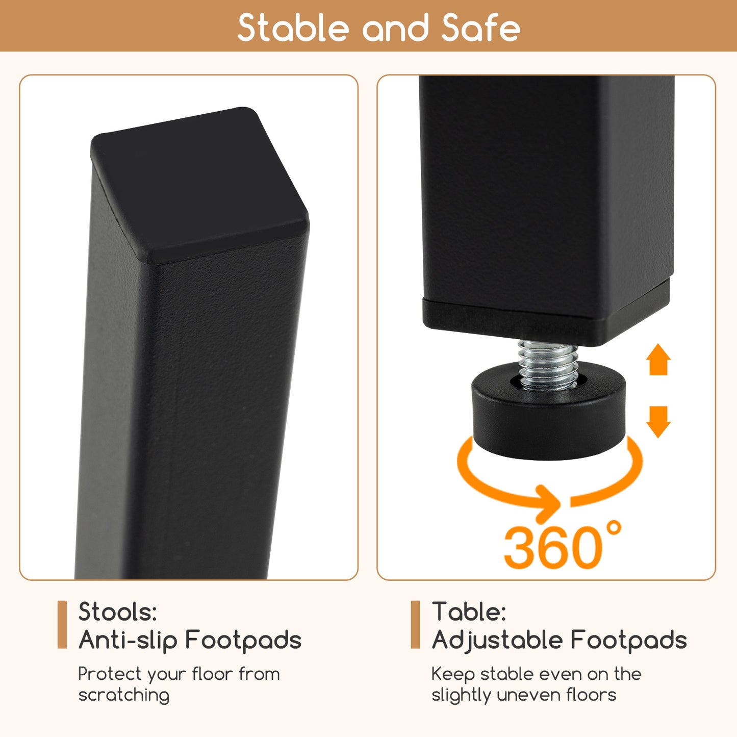 Black furniture leg with anti-slip footpad and adjustable footpad features, labeled 'Stable and Safe'.