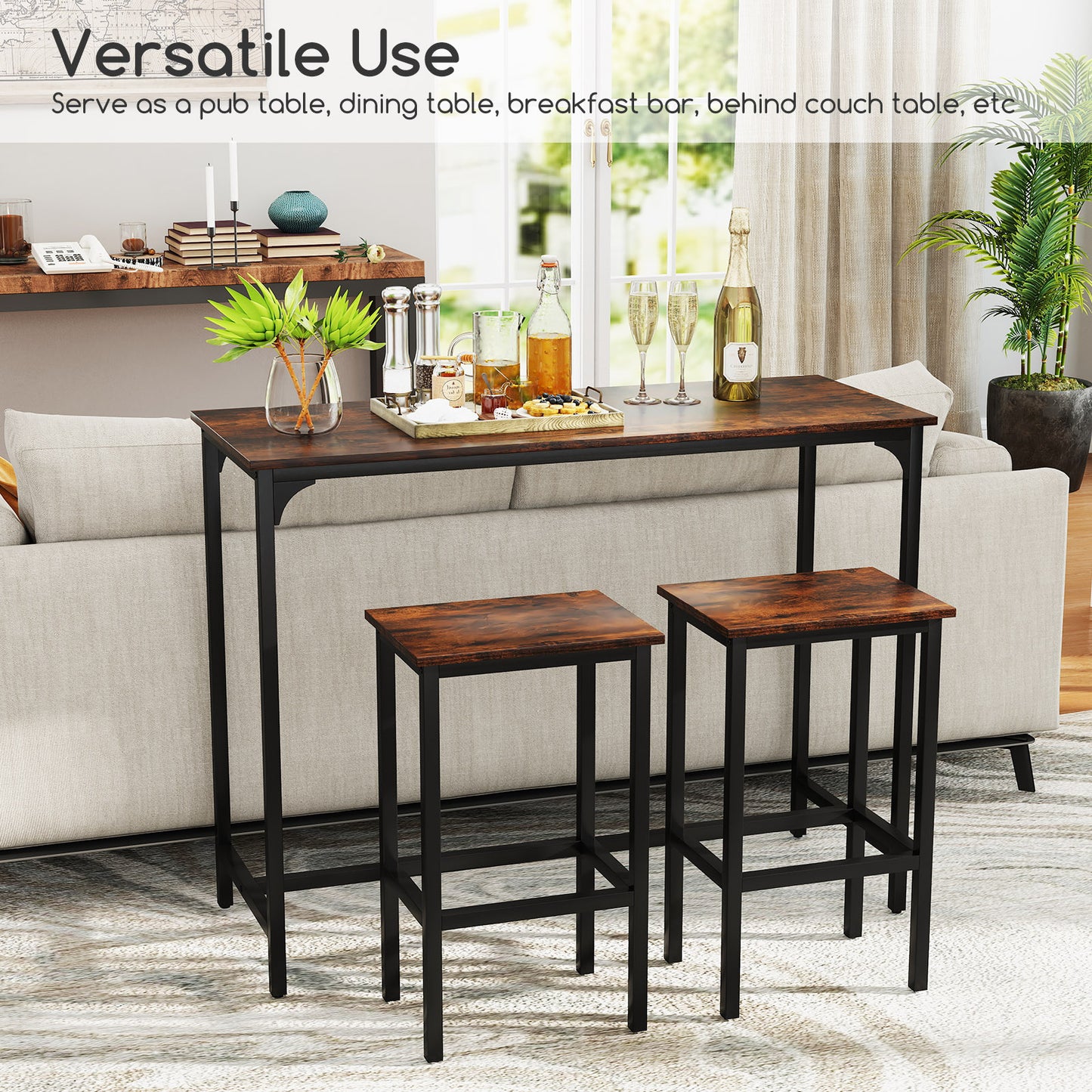 47.5 Inch Industrial Counter Height Dining Set with 2 Bar Stools Coffee Finish