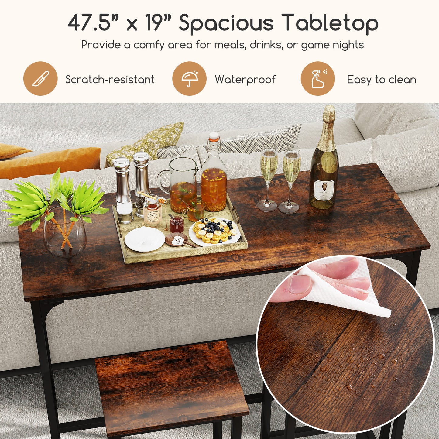 47.5 Inch Industrial Counter Height Dining Set with 2 Bar Stools Coffee Finish