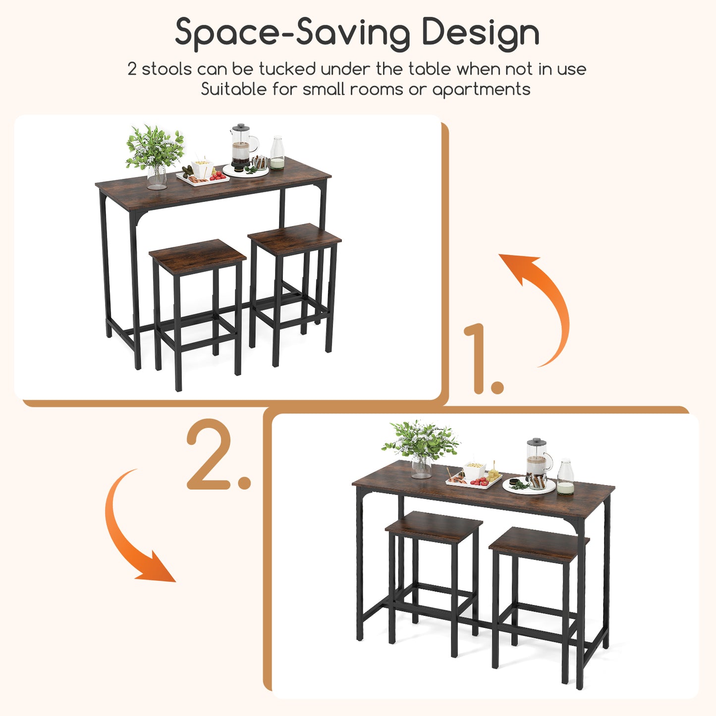 47.5 Inch Industrial Counter Height Dining Set with 2 Bar Stools Coffee Finish