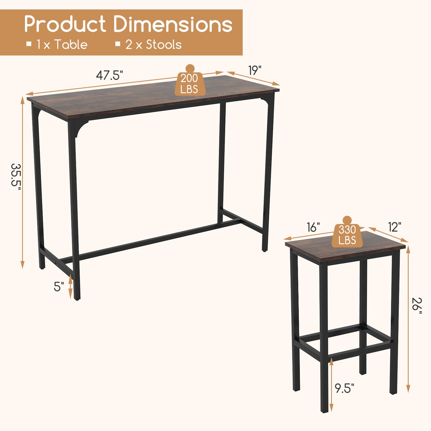 47.5 Inch Industrial Counter Height Dining Set with 2 Bar Stools Coffee Finish