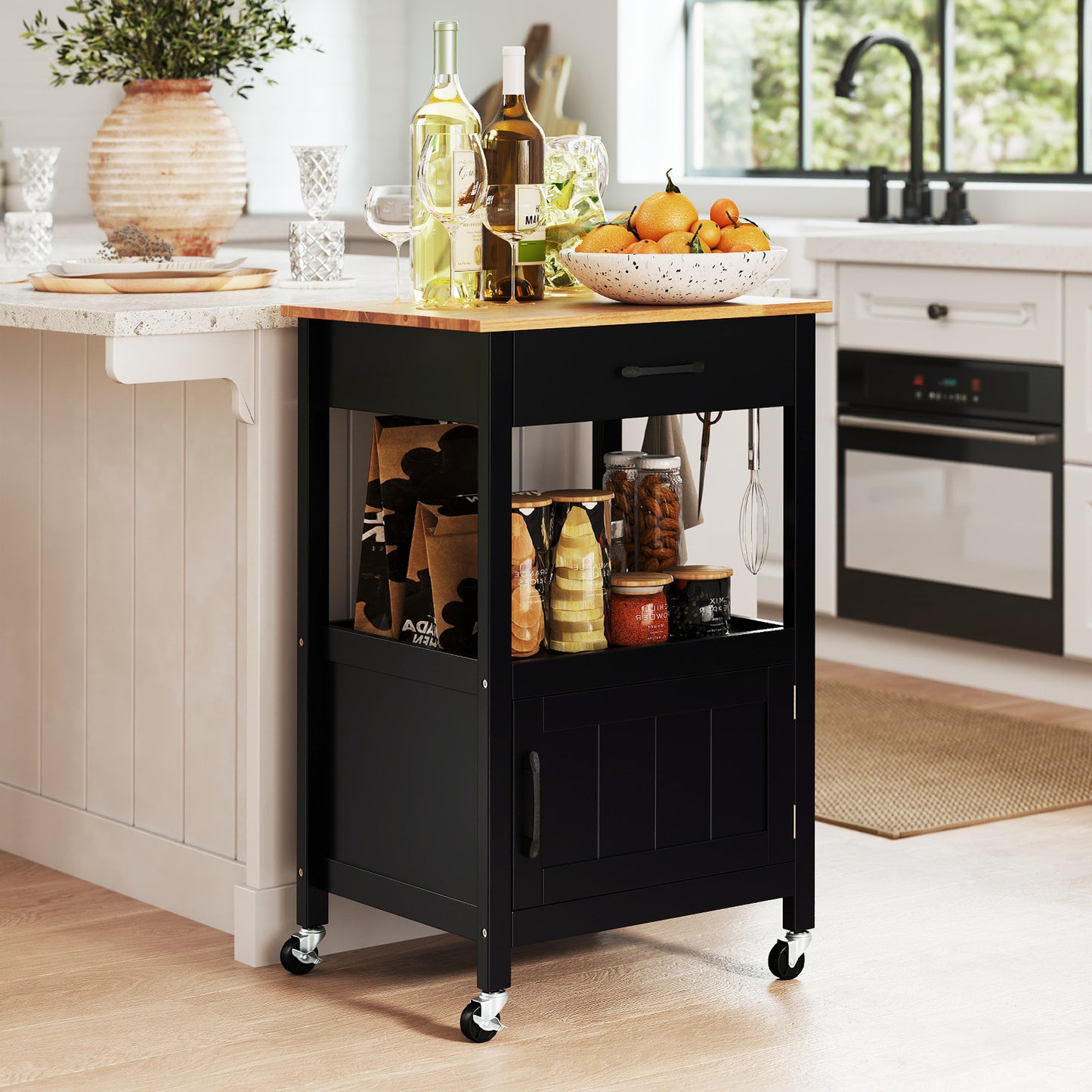 Mobile Kitchen Island Cart with Storage Drawer and Convenient Side Hooks - Black