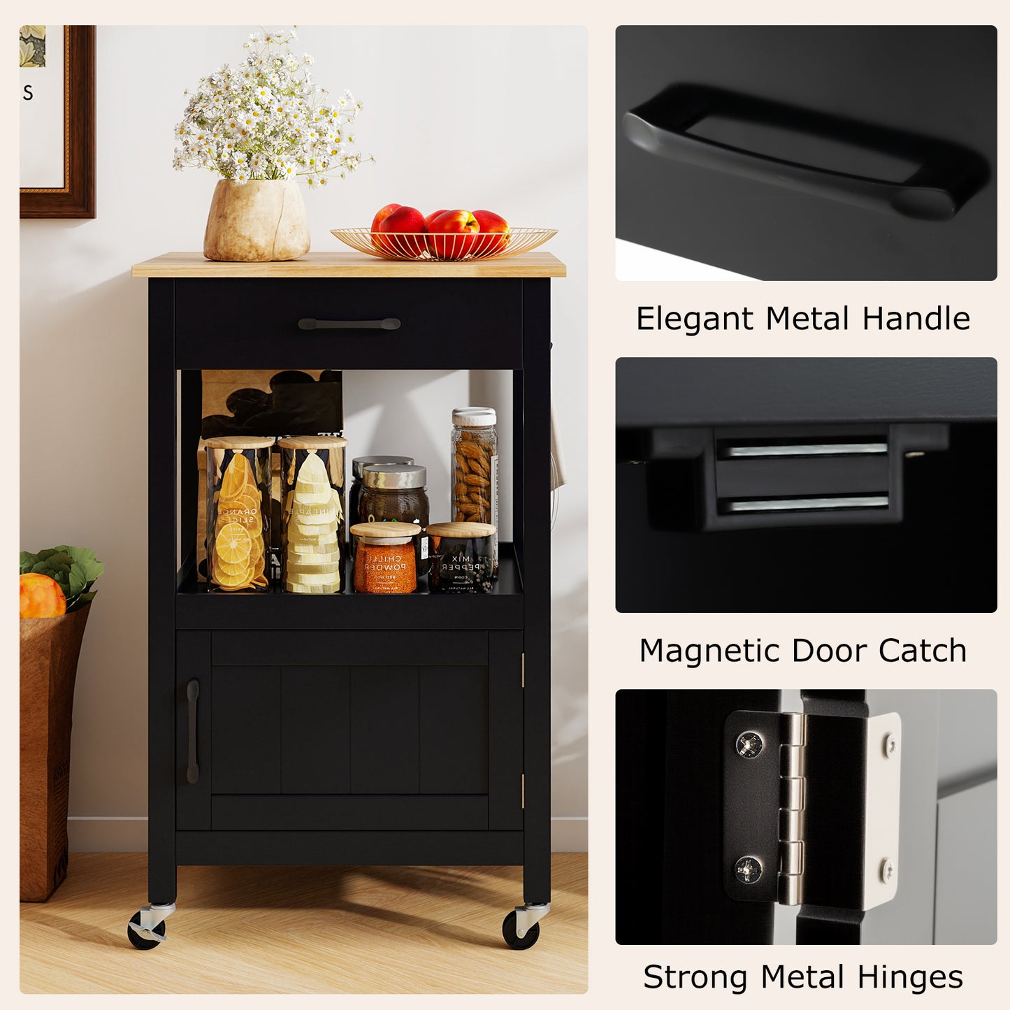 Mobile Kitchen Island Cart with Storage Drawer and Convenient Side Hooks - Black