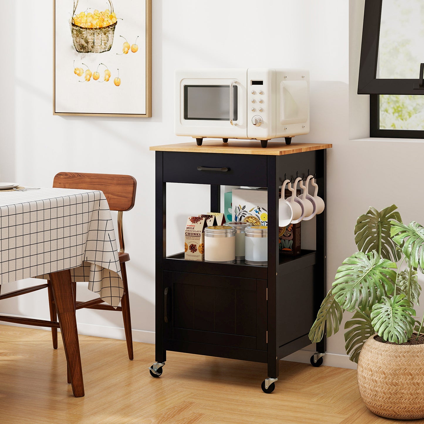 Mobile Kitchen Island Cart with Storage Drawer and Convenient Side Hooks - Black