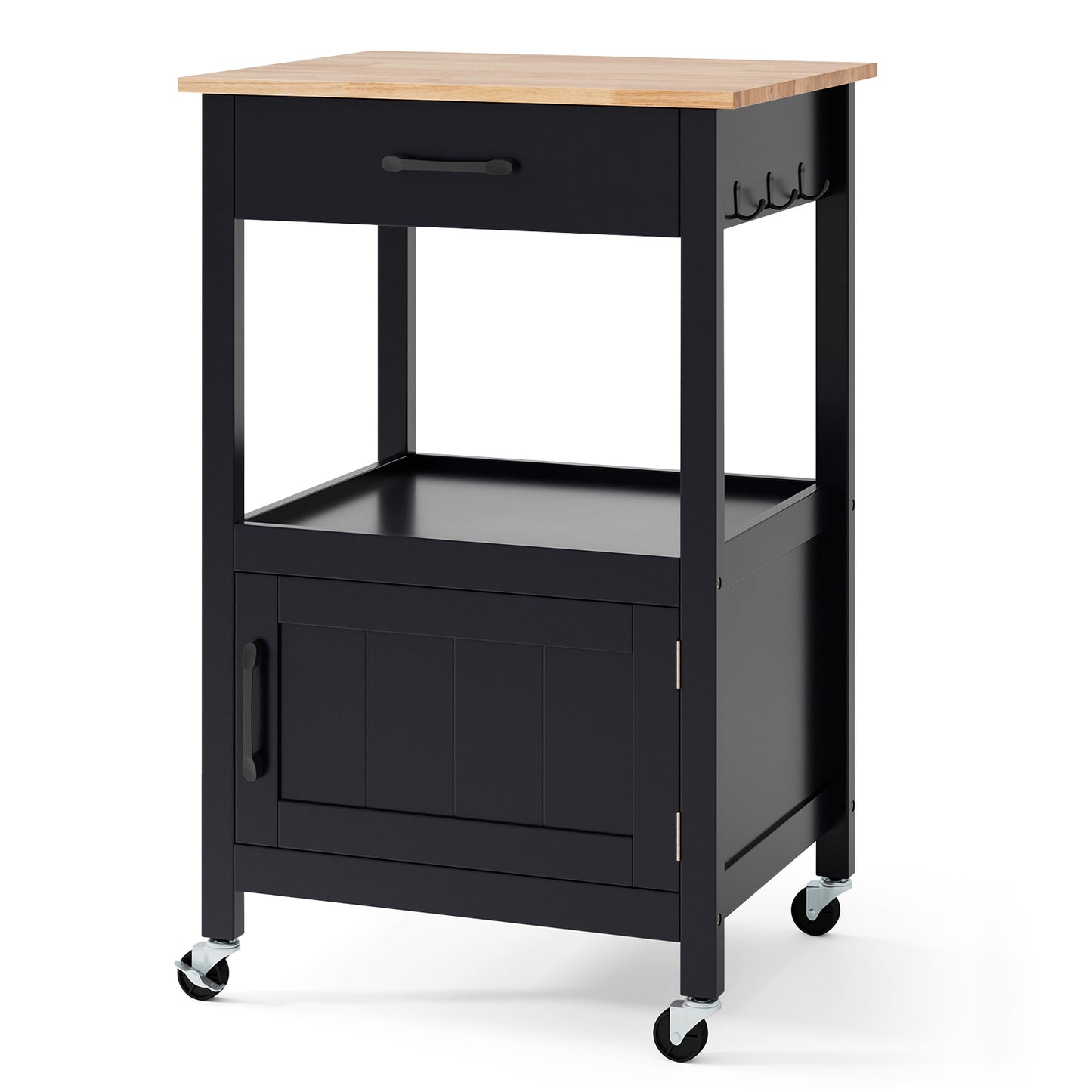 Mobile Kitchen Island Cart with Storage Drawer and Convenient Side Hooks - Black