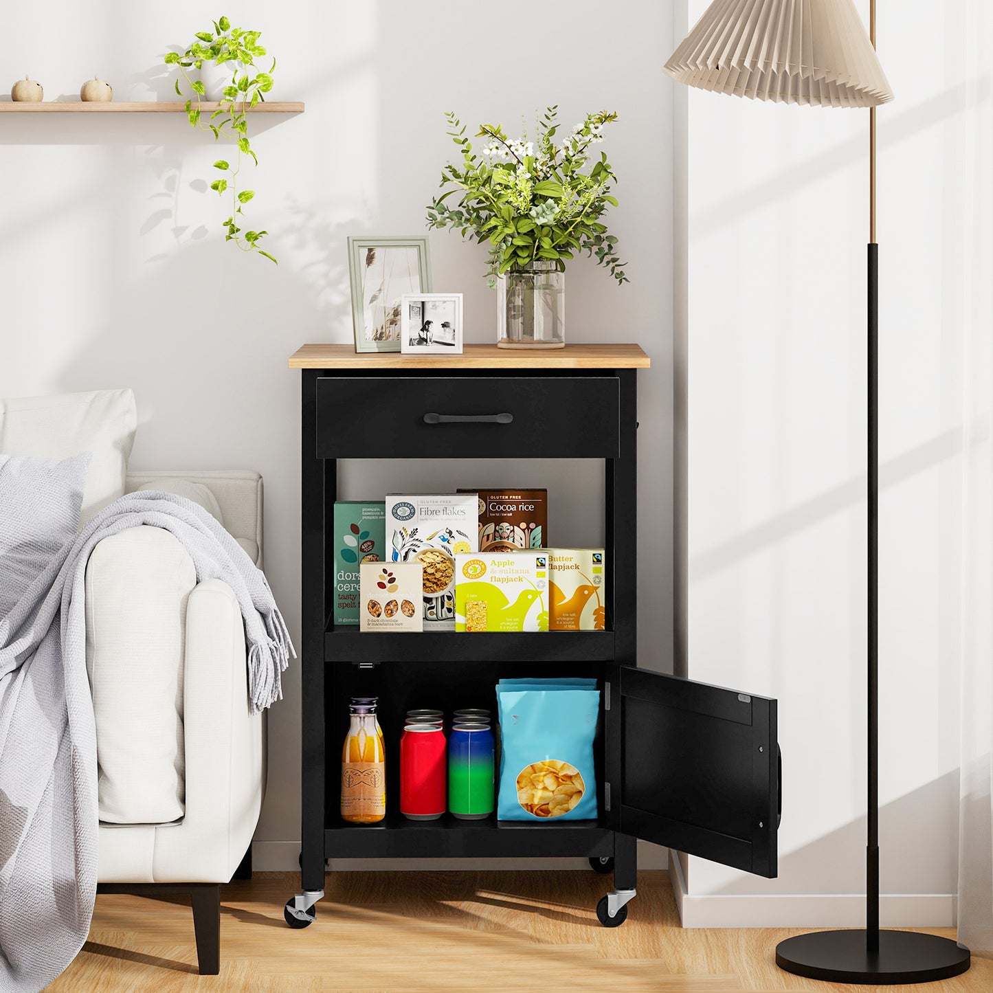 Mobile Kitchen Island Cart with Storage Drawer and Convenient Side Hooks - Black