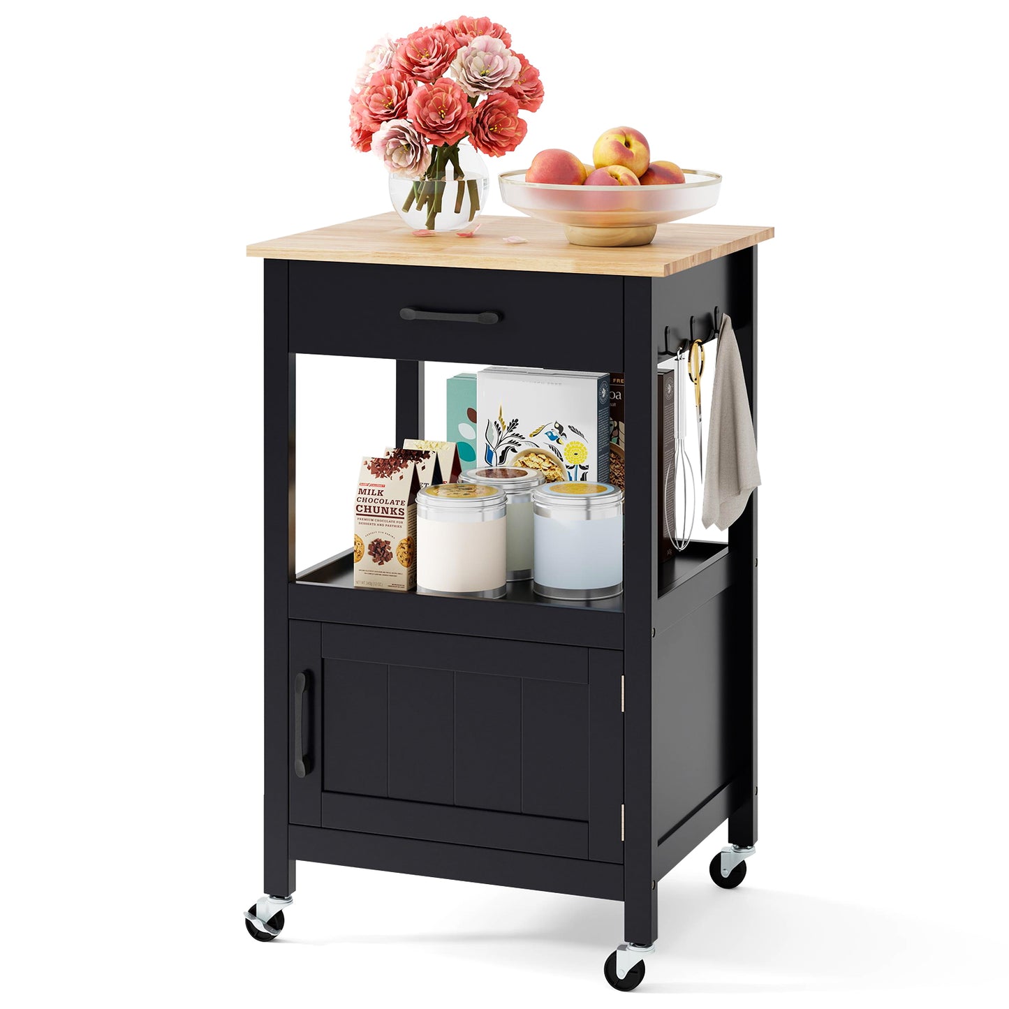 Mobile Kitchen Island Cart with Storage Drawer and Convenient Side Hooks - Black
