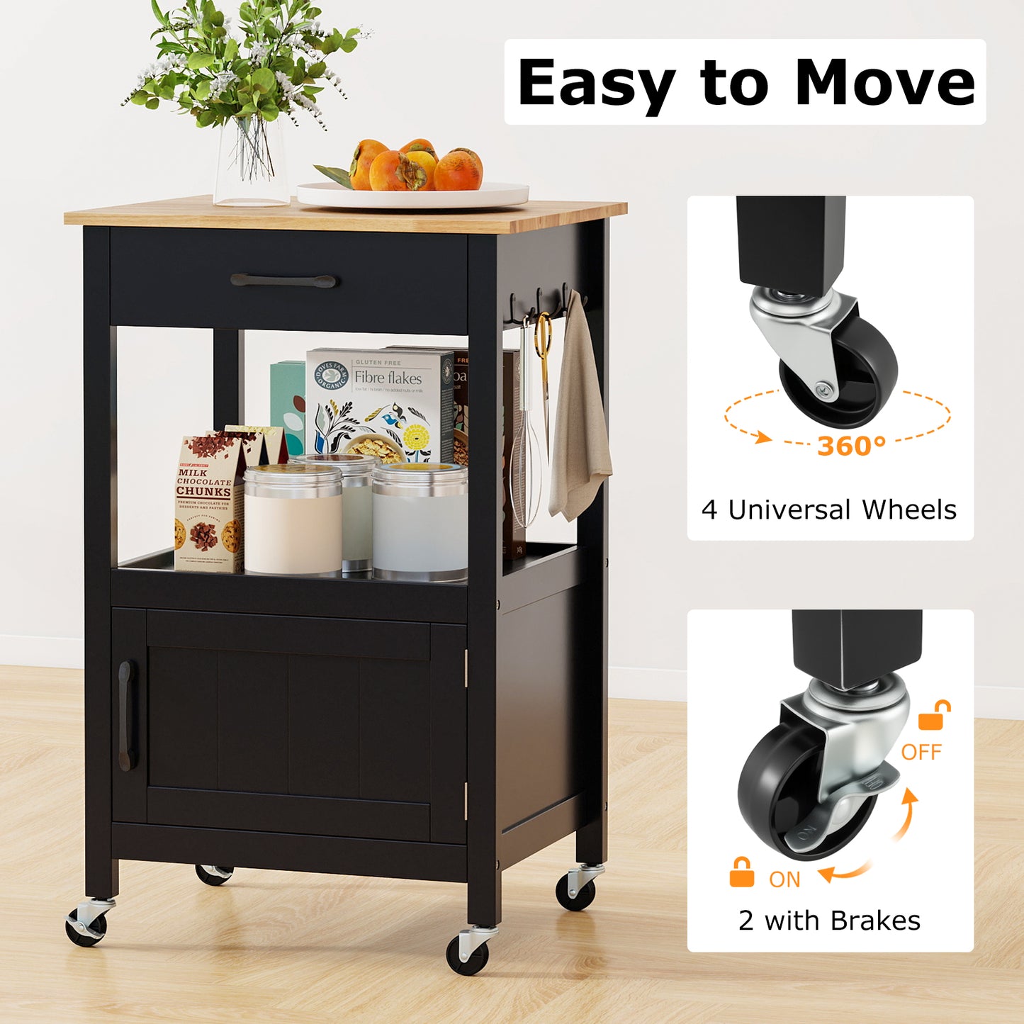 Mobile Kitchen Island Cart with Storage Drawer and Convenient Side Hooks - Black
