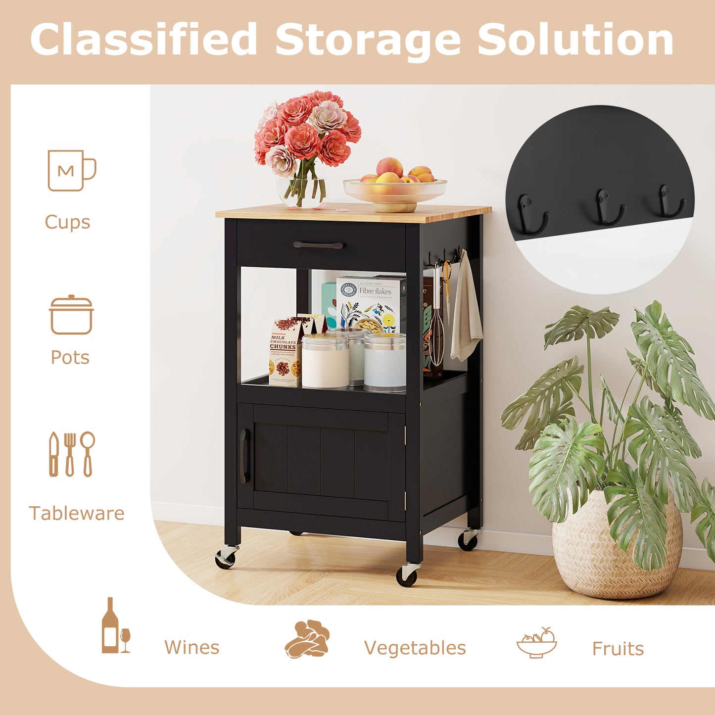 Mobile Kitchen Island Cart with Storage Drawer and Convenient Side Hooks - Black