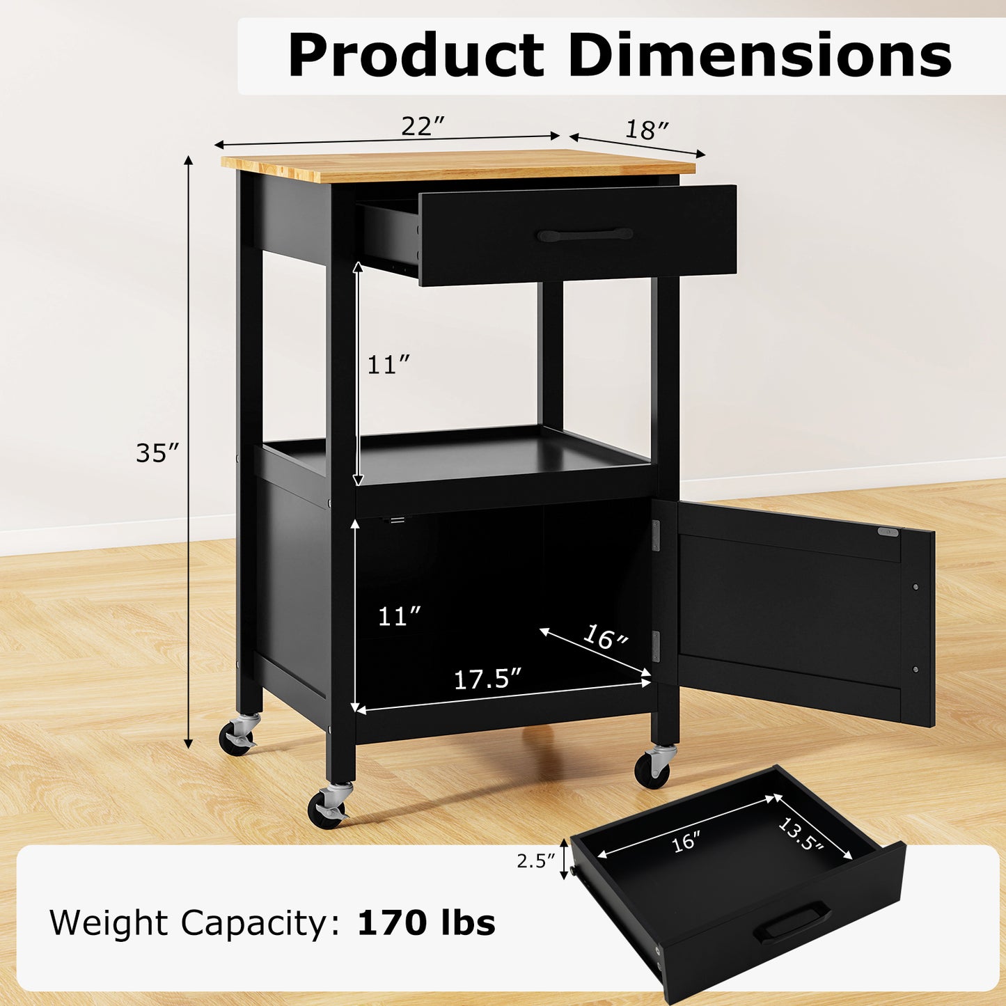 Mobile Kitchen Island Cart with Storage Drawer and Convenient Side Hooks - Black