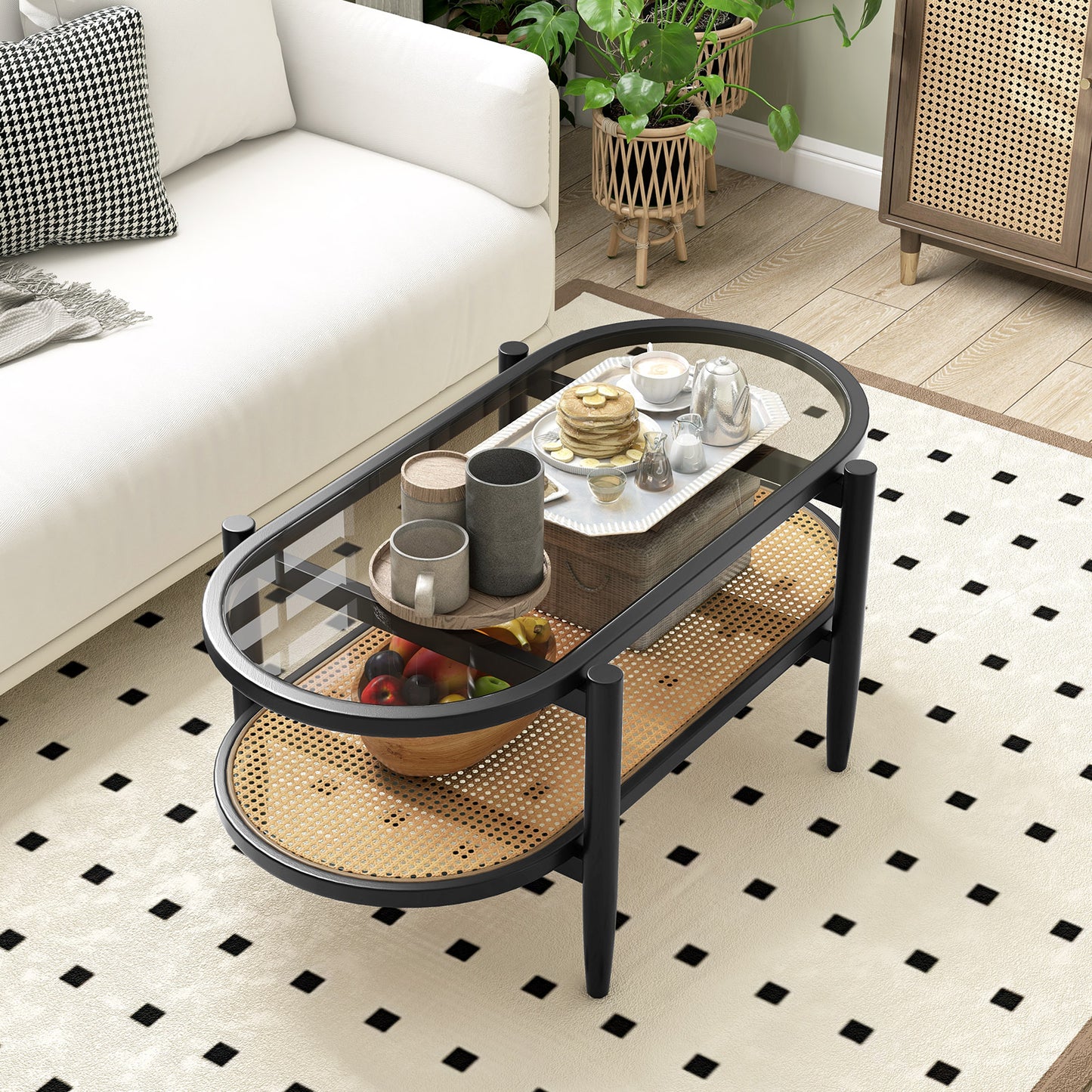 Farmhouse Glass Coffee Table with Rattan Shelf and Acacia Wood Frame - Black