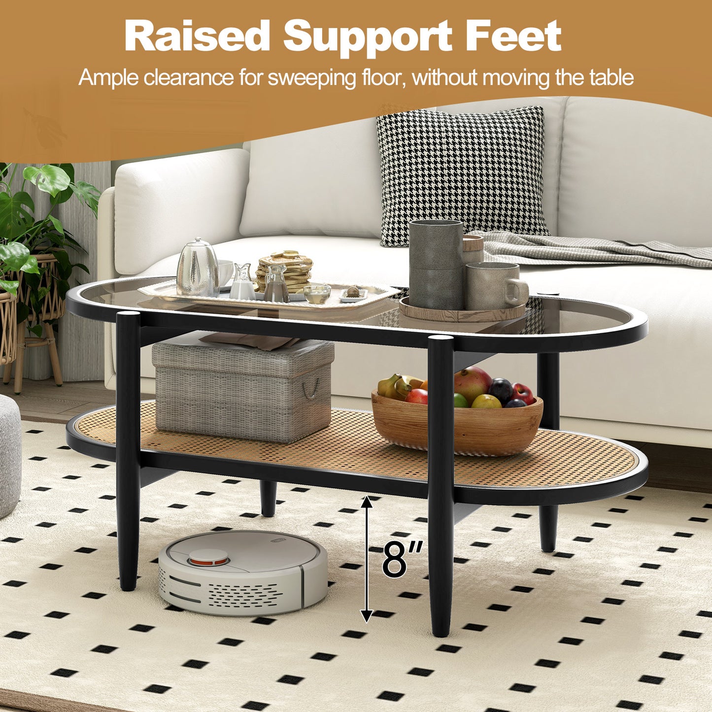 Farmhouse Glass Coffee Table with Rattan Shelf and Acacia Wood Frame - Black