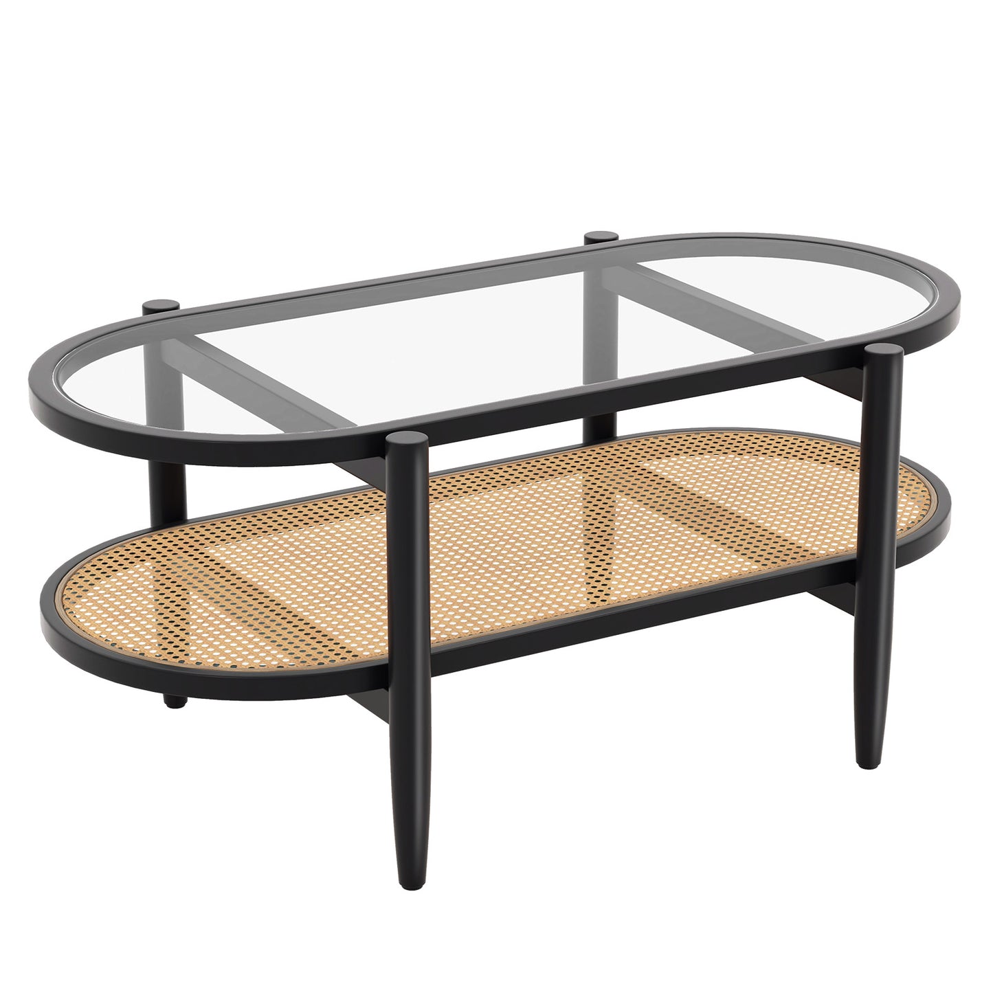 Farmhouse Glass Coffee Table with Rattan Shelf and Acacia Wood Frame - Black