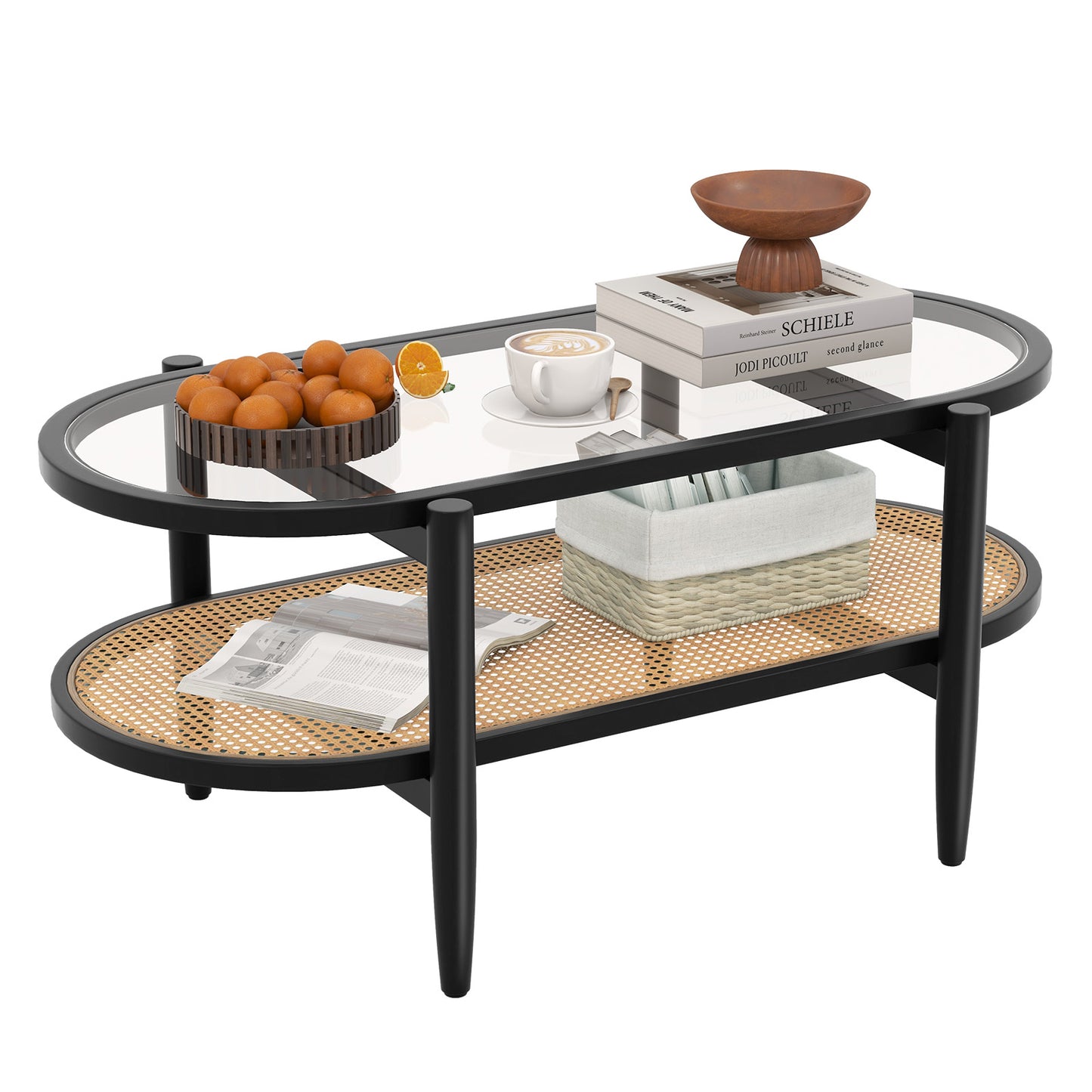Farmhouse Glass Coffee Table with Rattan Shelf and Acacia Wood Frame - Black