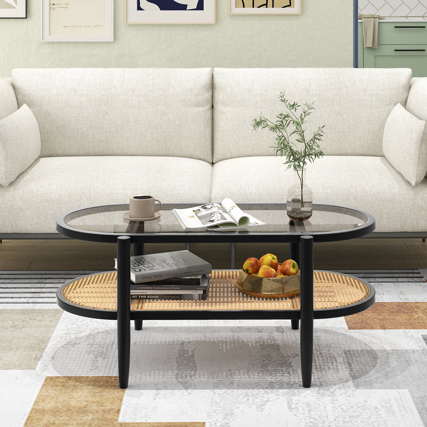 Farmhouse Glass Coffee Table with Rattan Shelf and Acacia Wood Frame - Black