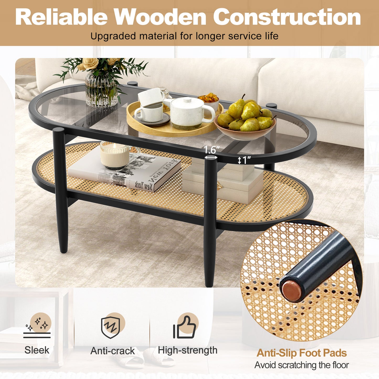 Farmhouse Glass Coffee Table with Rattan Shelf and Acacia Wood Frame - Black