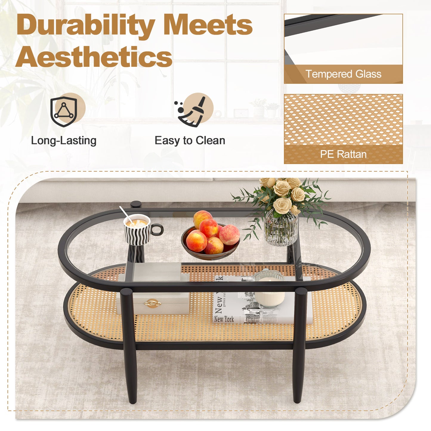 Farmhouse Glass Coffee Table with Rattan Shelf and Acacia Wood Frame - Black