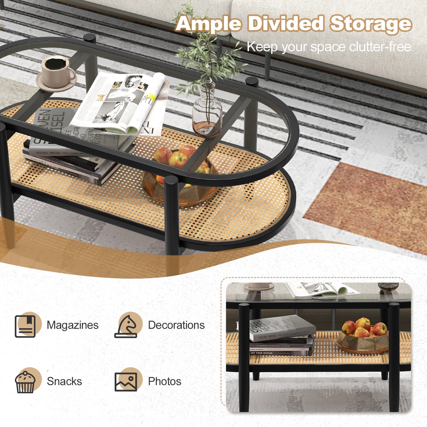 Farmhouse Glass Coffee Table with Rattan Shelf and Acacia Wood Frame - Black