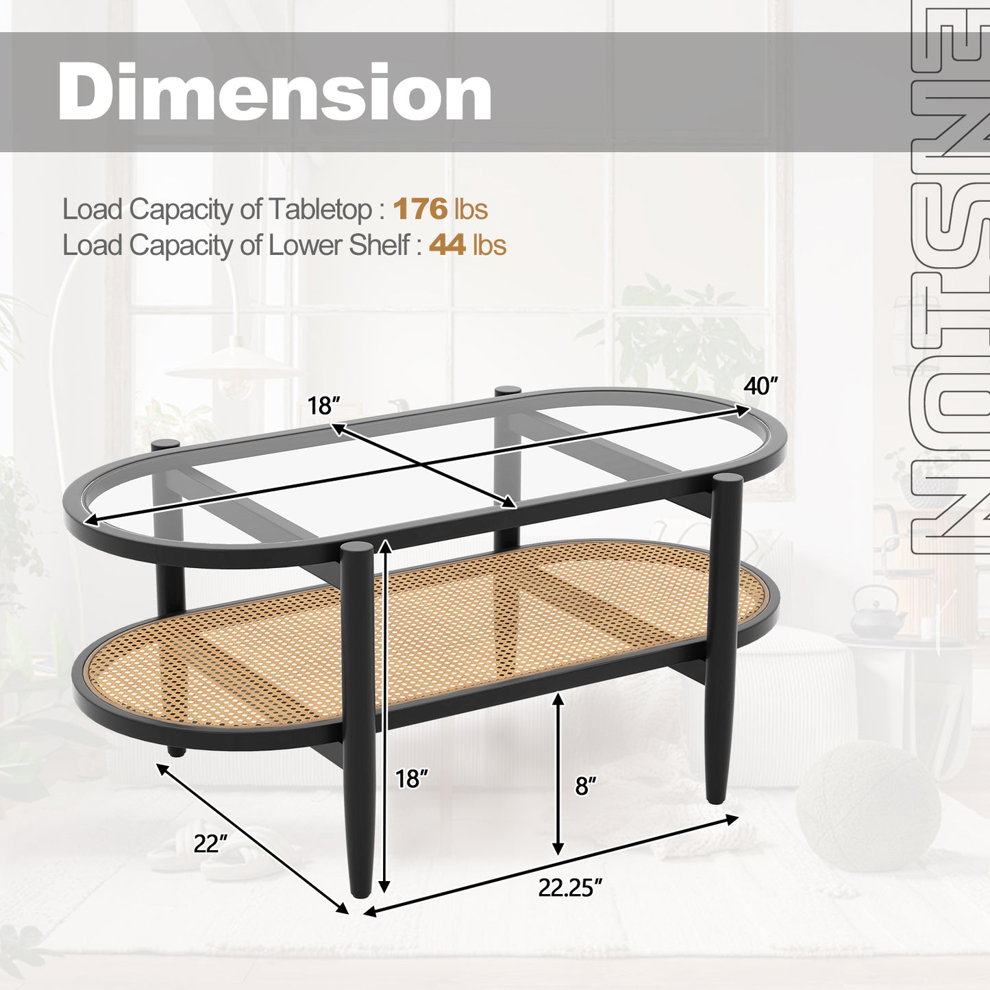 Farmhouse Glass Coffee Table with Rattan Shelf and Acacia Wood Frame - Black