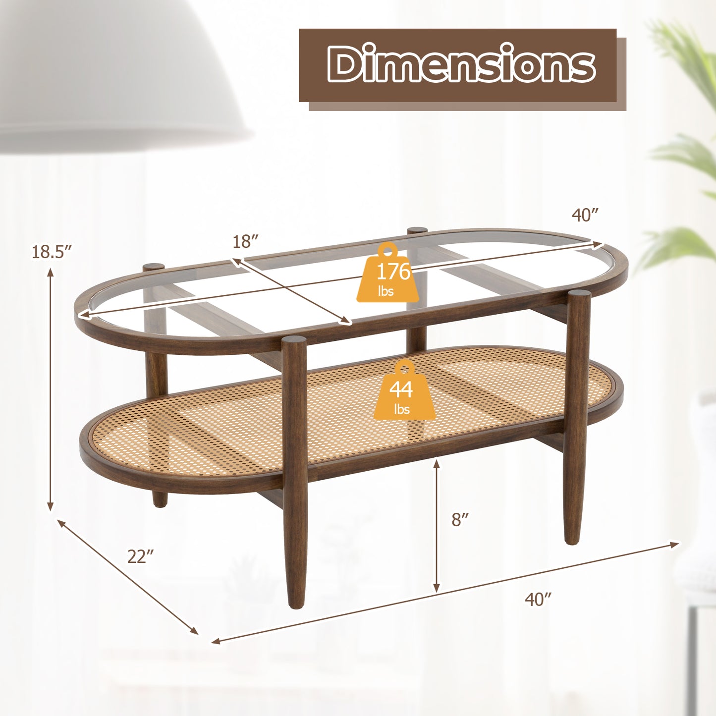 Farmhouse Glass Coffee Table with Rattan Shelf and Acacia Wood Frame - Brown