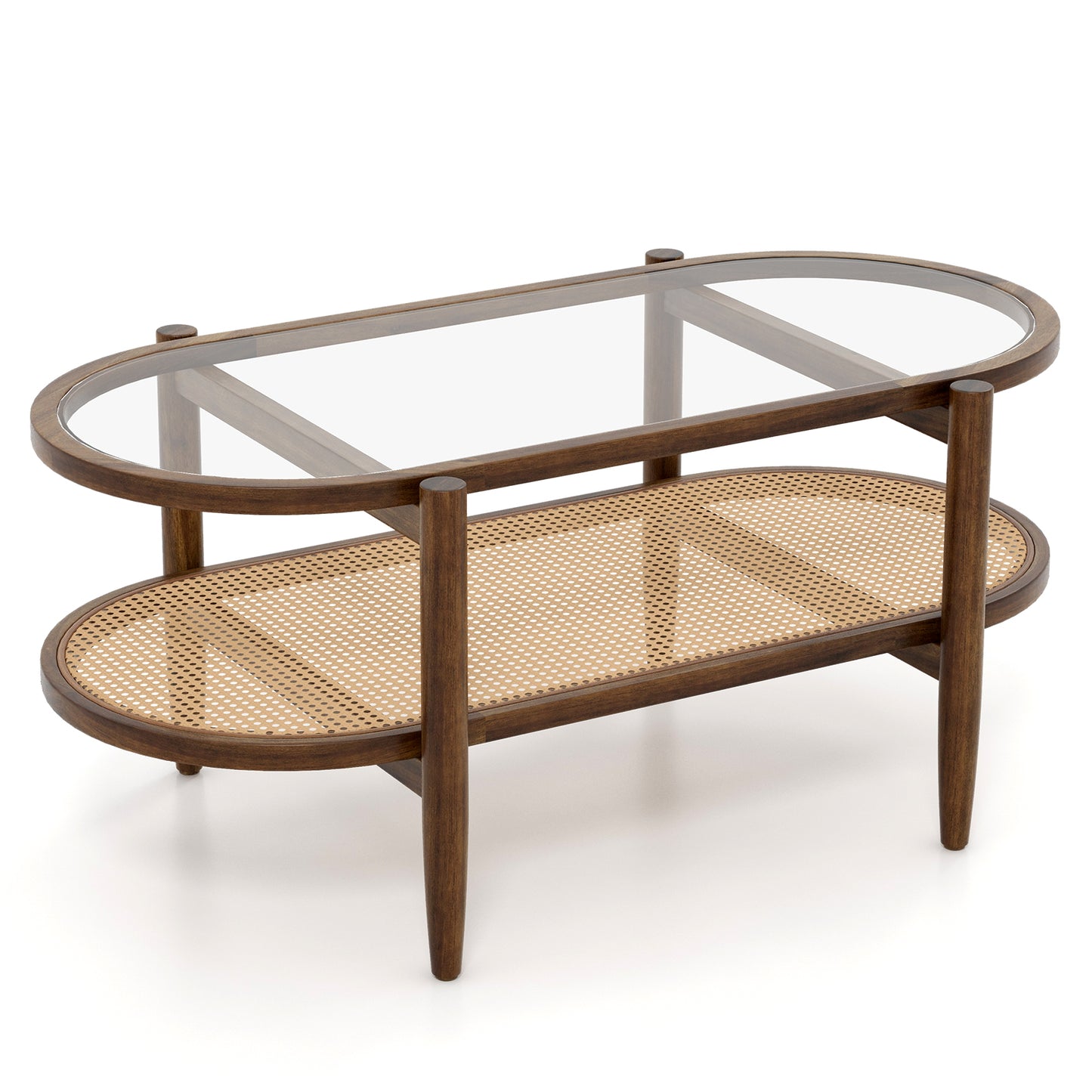 Farmhouse Glass Coffee Table with Rattan Shelf and Acacia Wood Frame - Brown