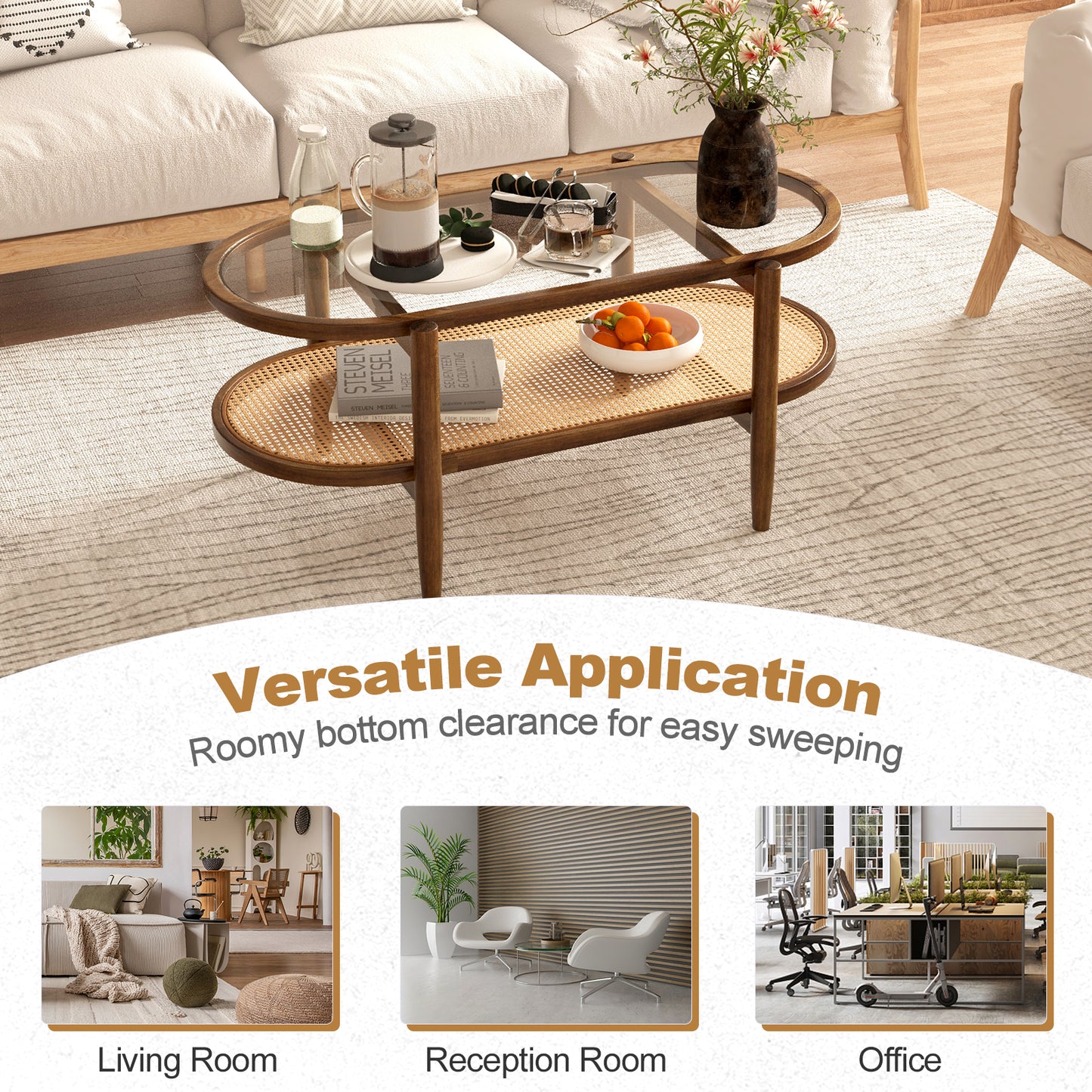 Farmhouse Glass Coffee Table with Rattan Shelf and Acacia Wood Frame - Brown