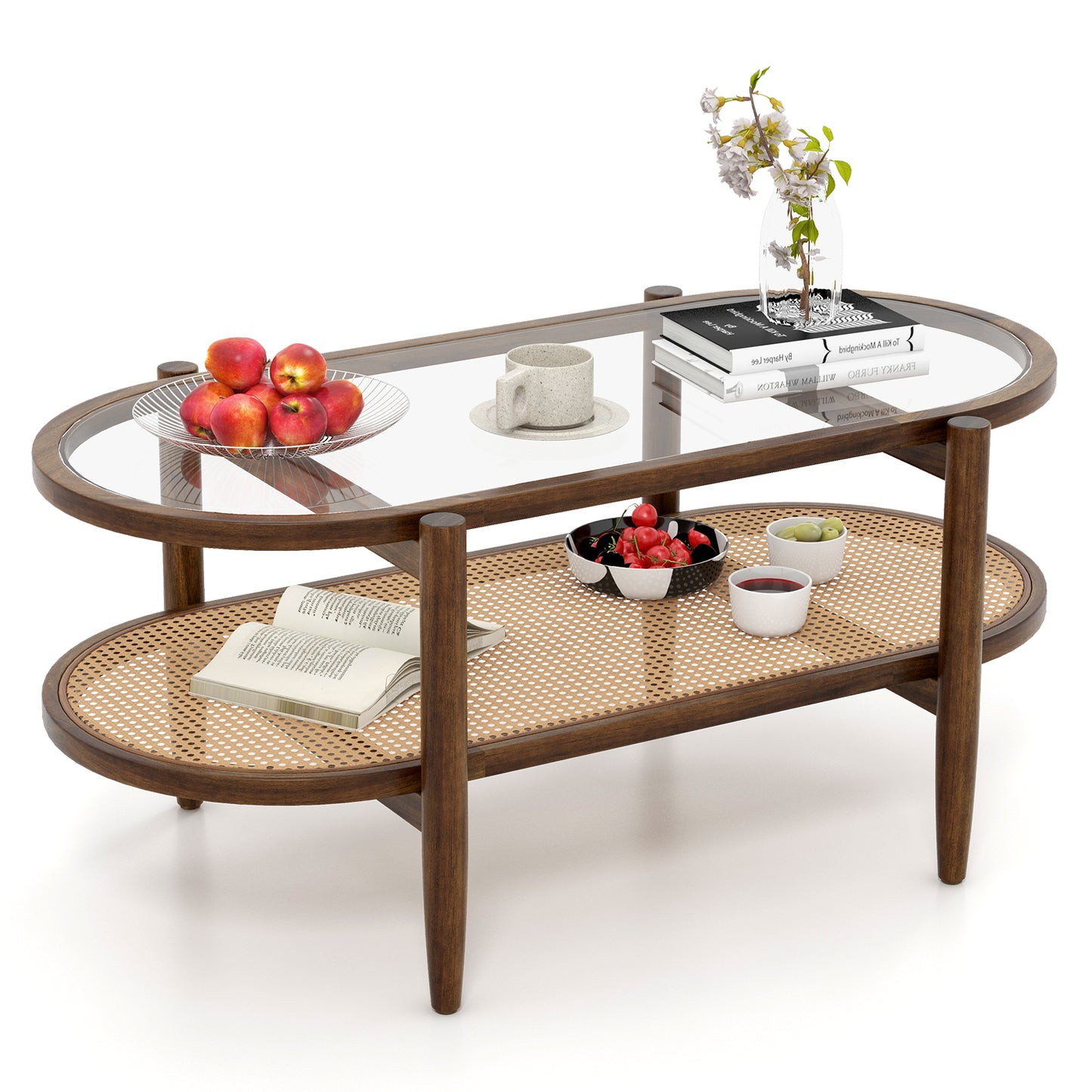 Farmhouse Glass Coffee Table with Rattan Shelf and Acacia Wood Frame - Brown