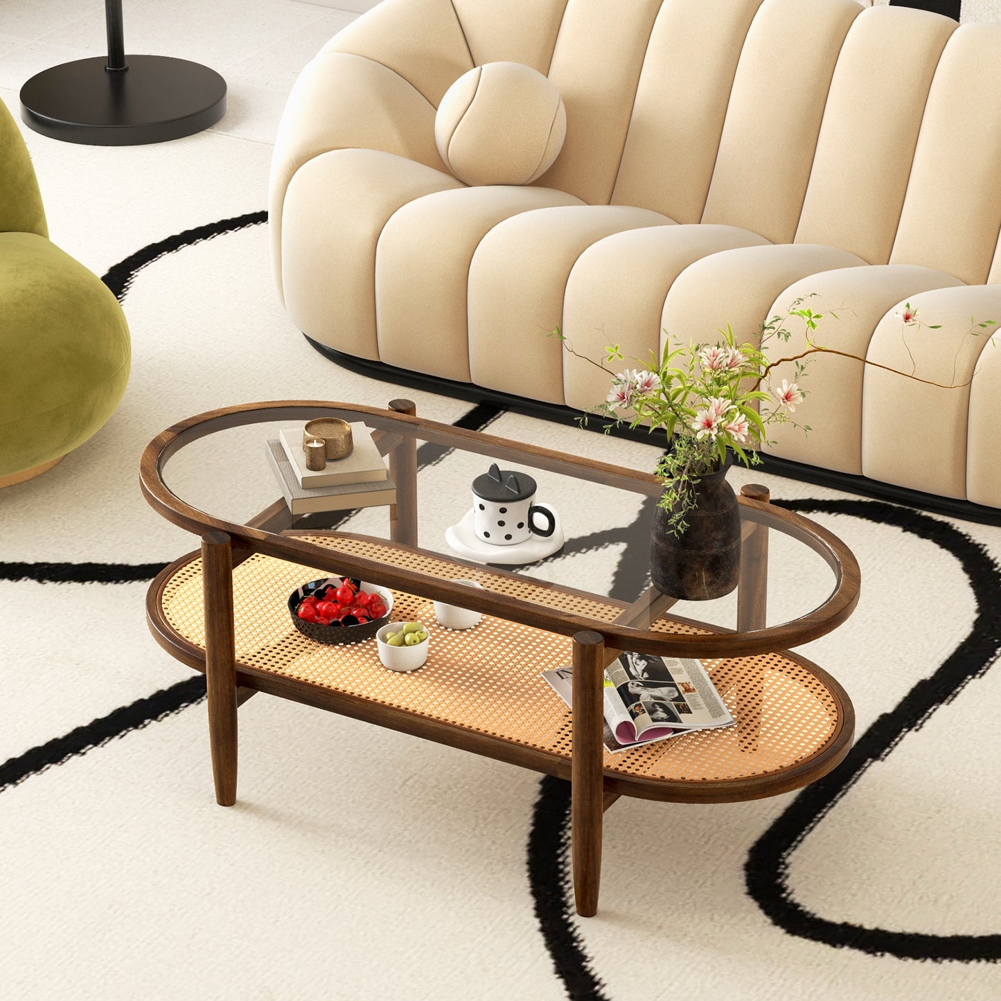 Farmhouse Glass Coffee Table with Rattan Shelf and Acacia Wood Frame - Brown