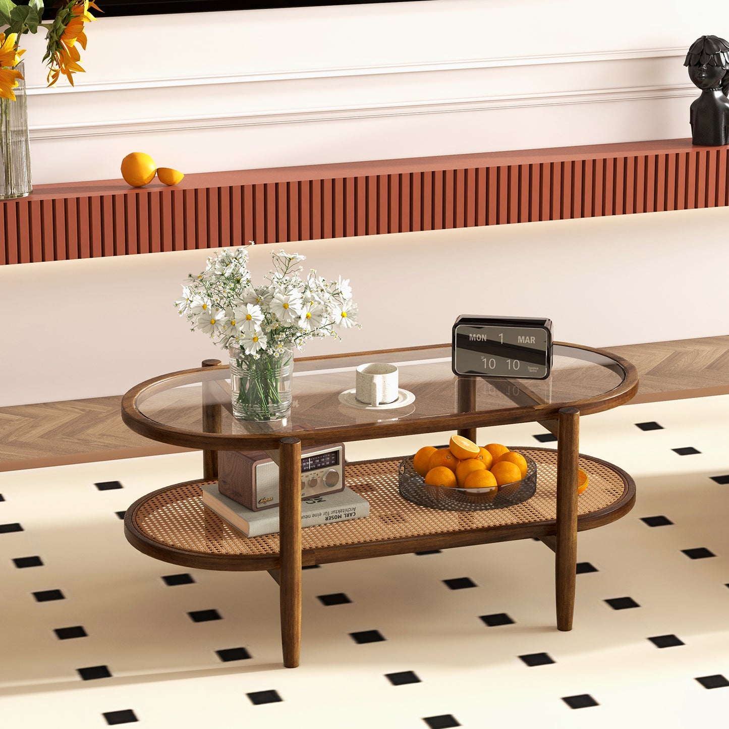 Farmhouse Glass Coffee Table with Rattan Shelf and Acacia Wood Frame - Brown