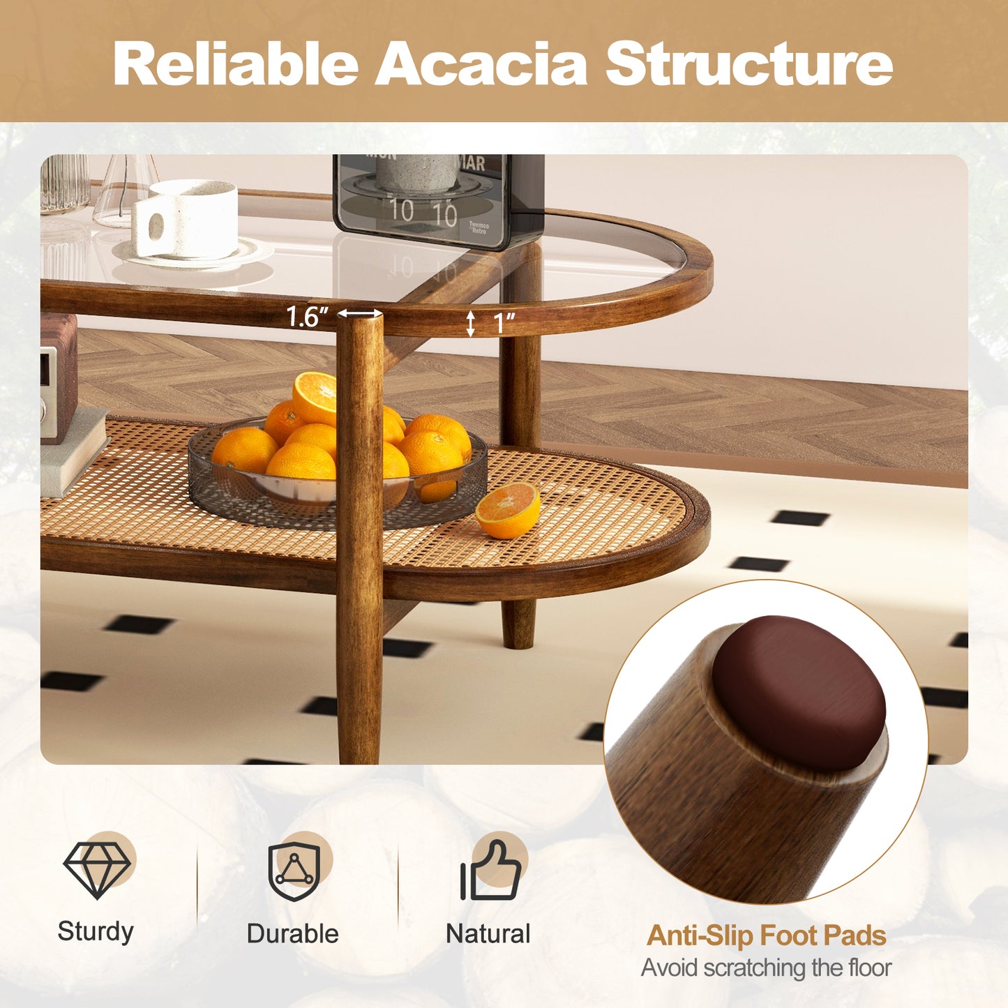 Farmhouse Glass Coffee Table with Rattan Shelf and Acacia Wood Frame - Brown