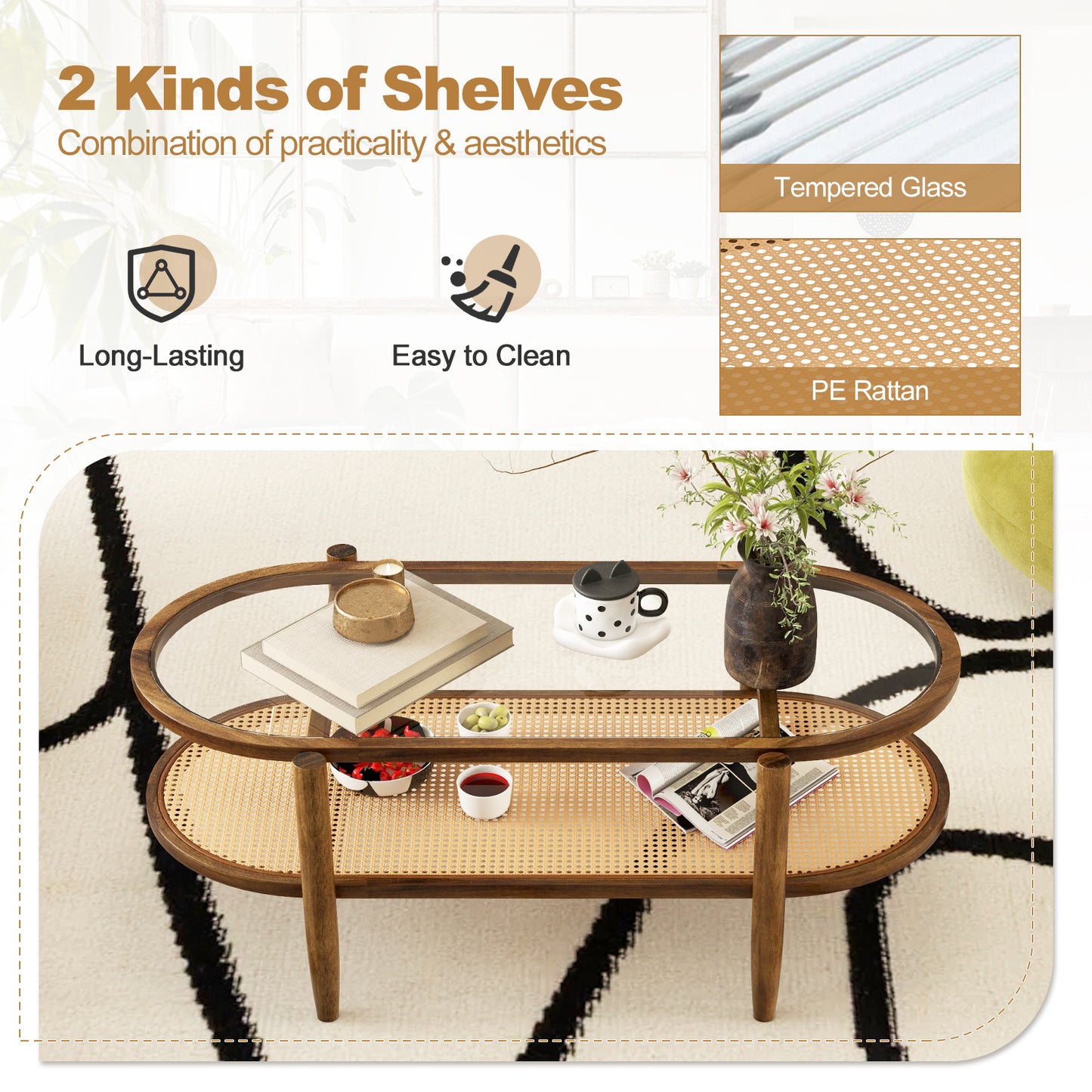 Farmhouse Glass Coffee Table with Rattan Shelf and Acacia Wood Frame - Brown