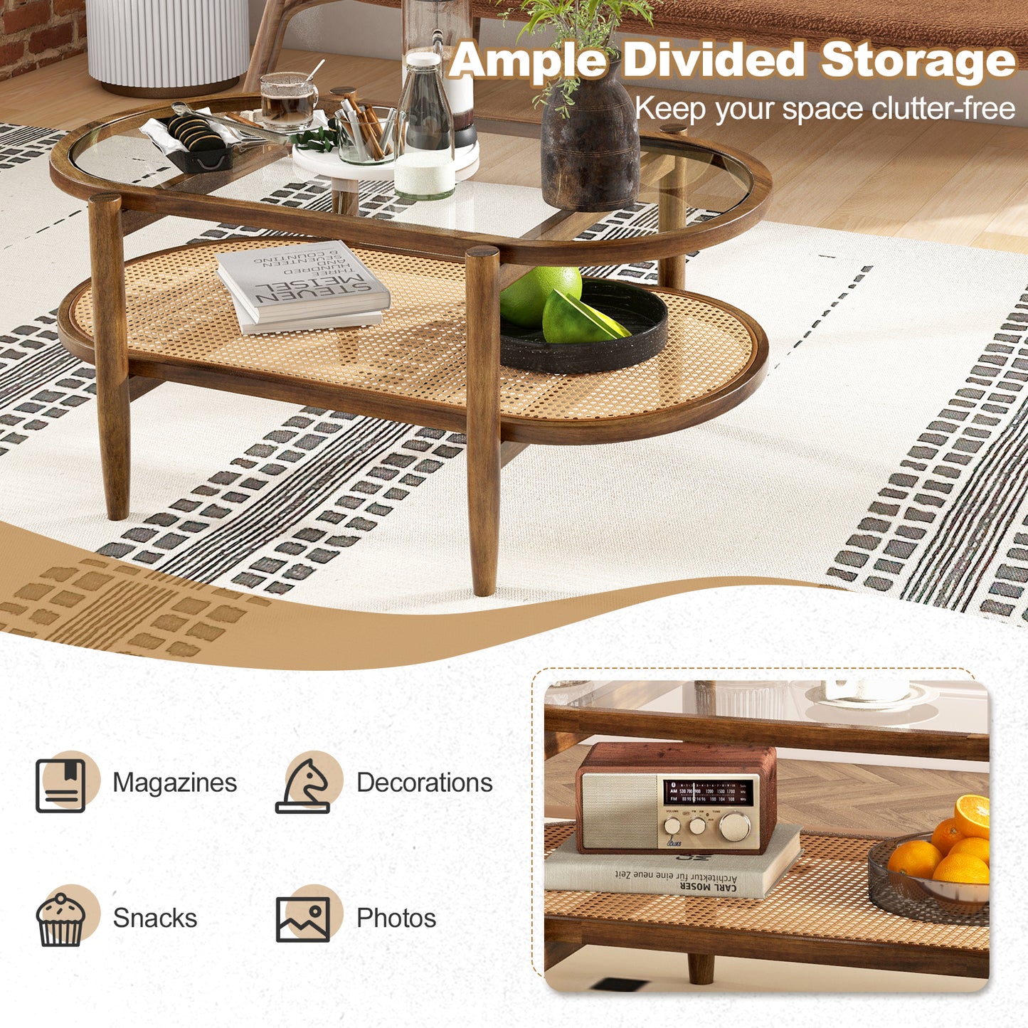 Farmhouse Glass Coffee Table with Rattan Shelf and Acacia Wood Frame - Brown