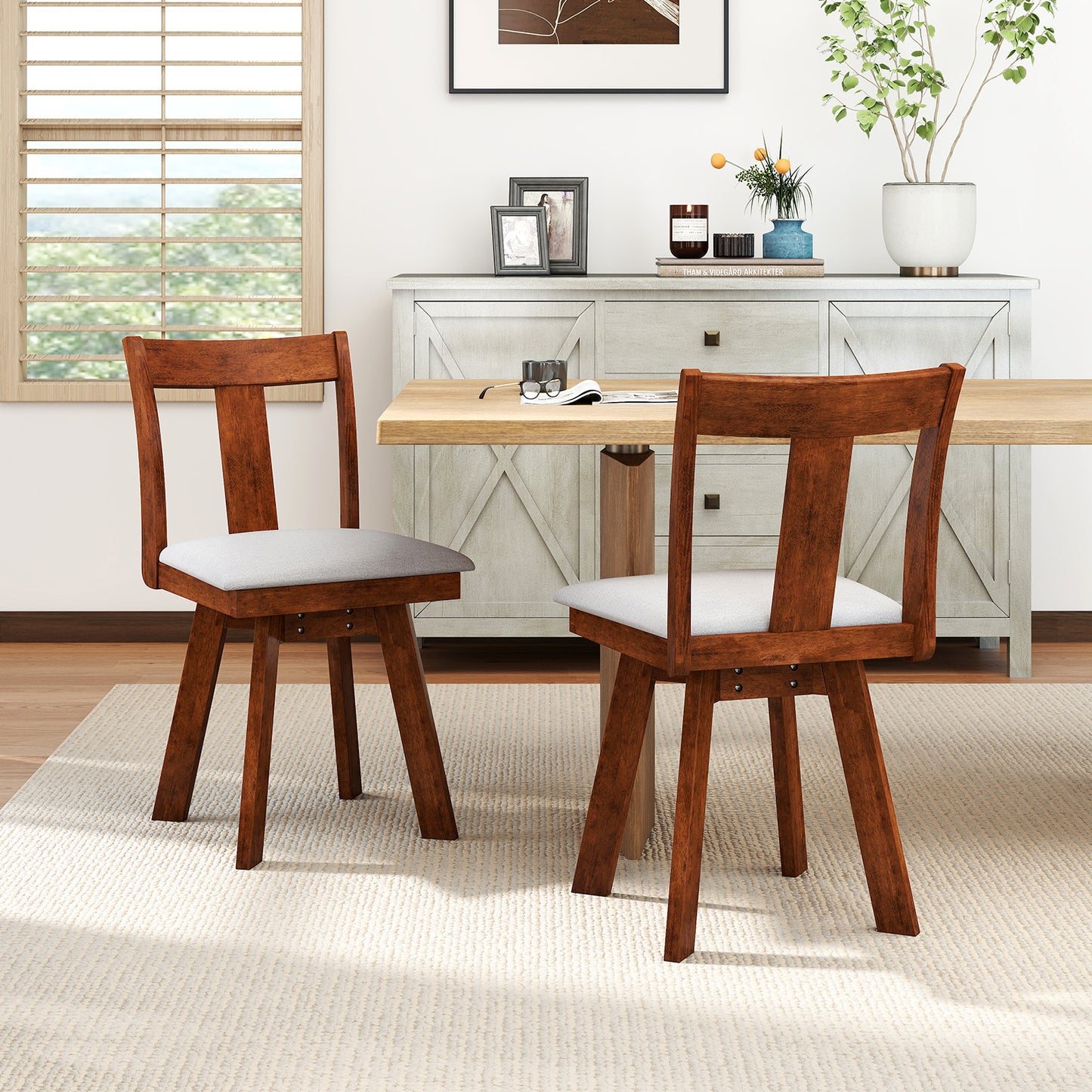 360 Degree Swivel Dining Chairs with Durable Rubber Wood Frame Set of 2