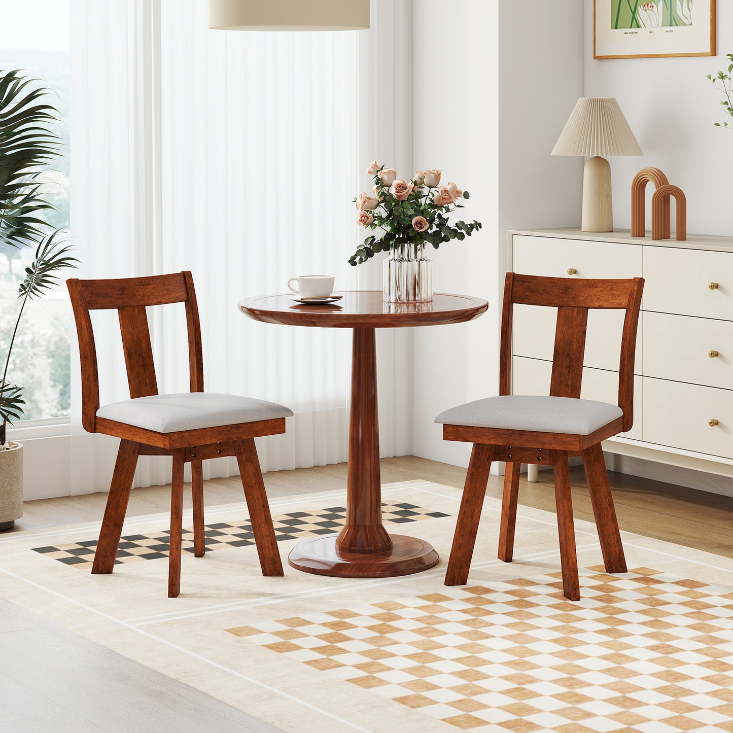360 Degree Swivel Dining Chairs with Durable Rubber Wood Frame Set of 2
