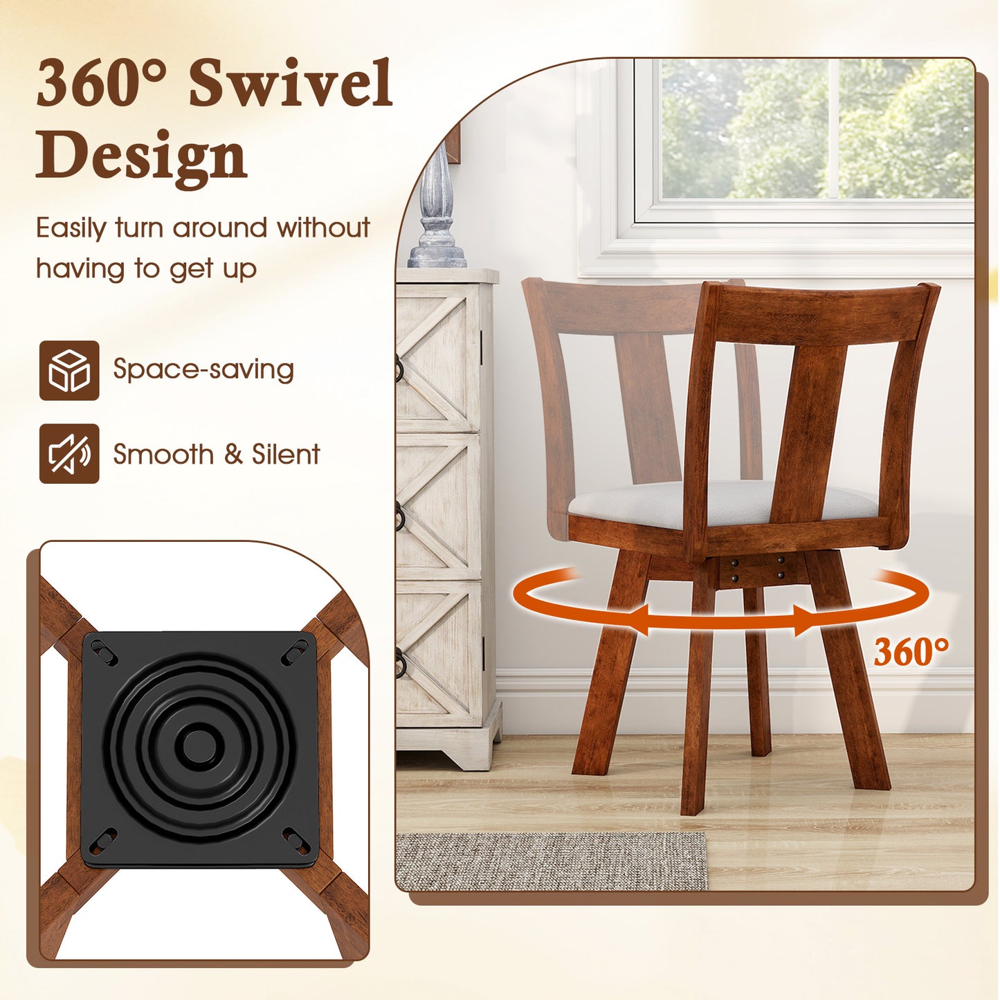 360 Degree Swivel Dining Chairs with Durable Rubber Wood Frame Set of 2