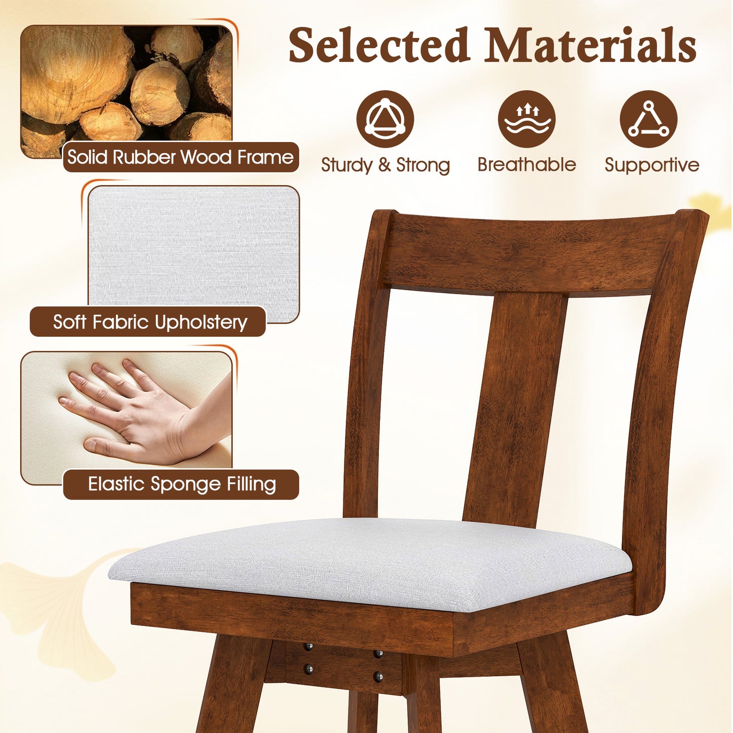 360 Degree Swivel Dining Chairs with Durable Rubber Wood Frame Set of 2