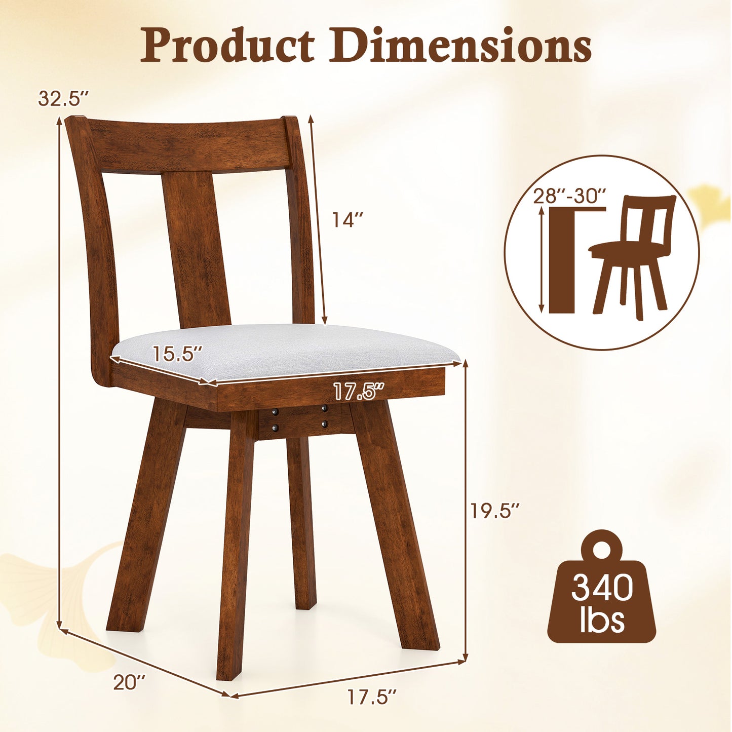360 Degree Swivel Dining Chairs with Durable Rubber Wood Frame Set of 2