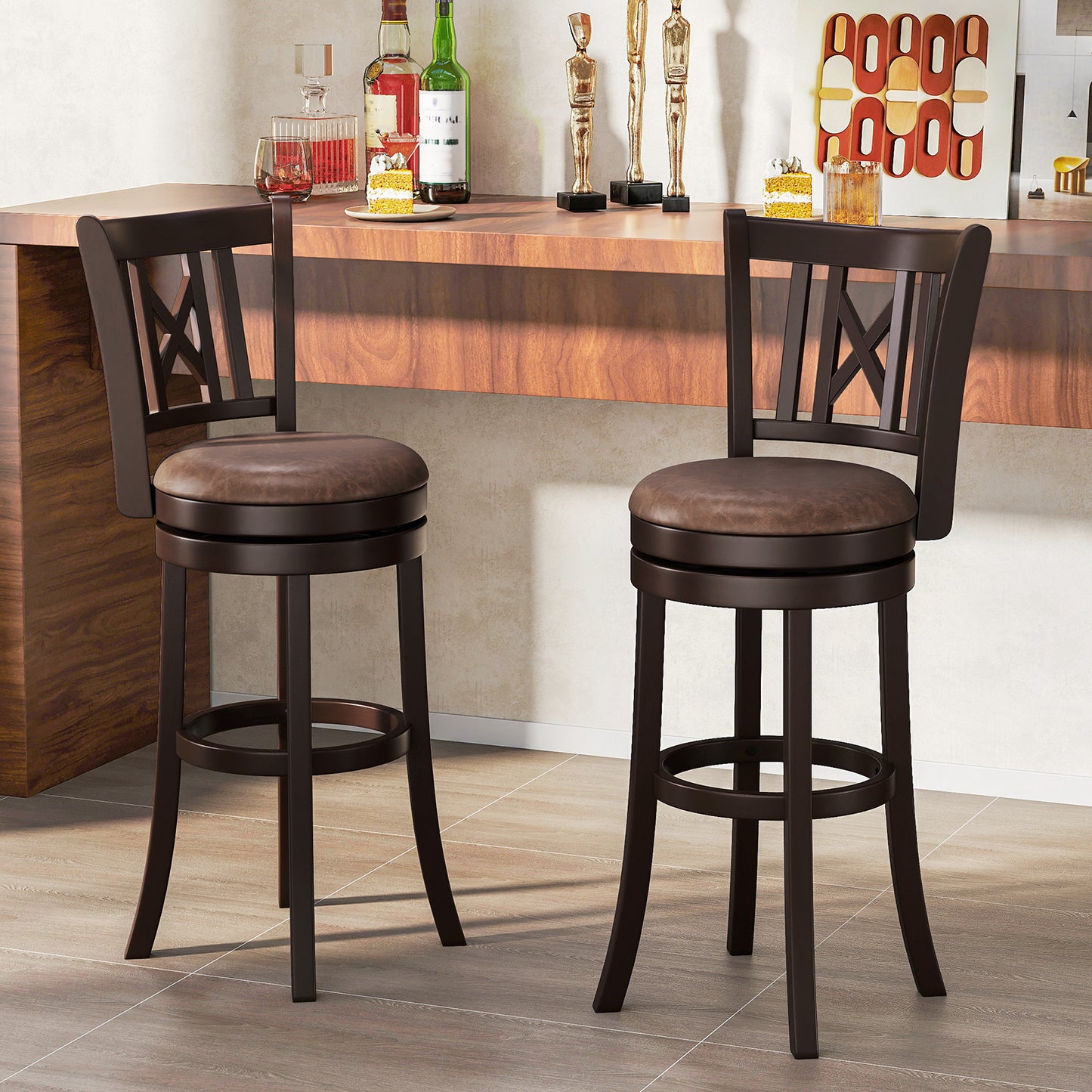 Swivel Bar Stools with Footrest and Hollow Backrest 2-Piece Set - 30 inch