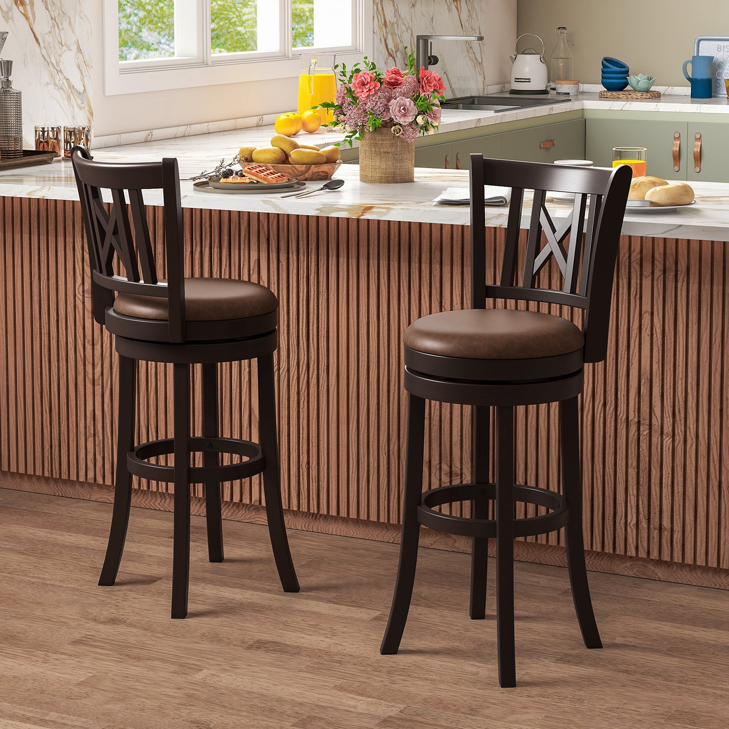 Swivel Bar Stools with Footrest and Hollow Backrest 2-Piece Set - 30 inch