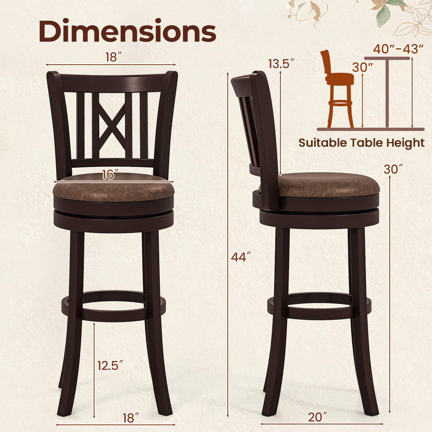 Swivel Bar Stools with Footrest and Hollow Backrest 2-Piece Set - 30 inch