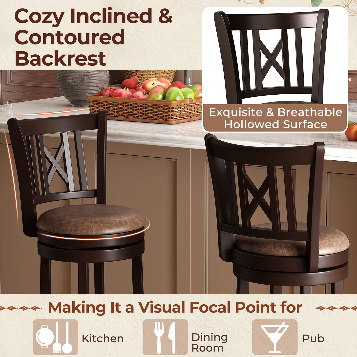 Swivel Bar Stools with Footrest and Hollow Backrest 2-Piece Set - 30 inch